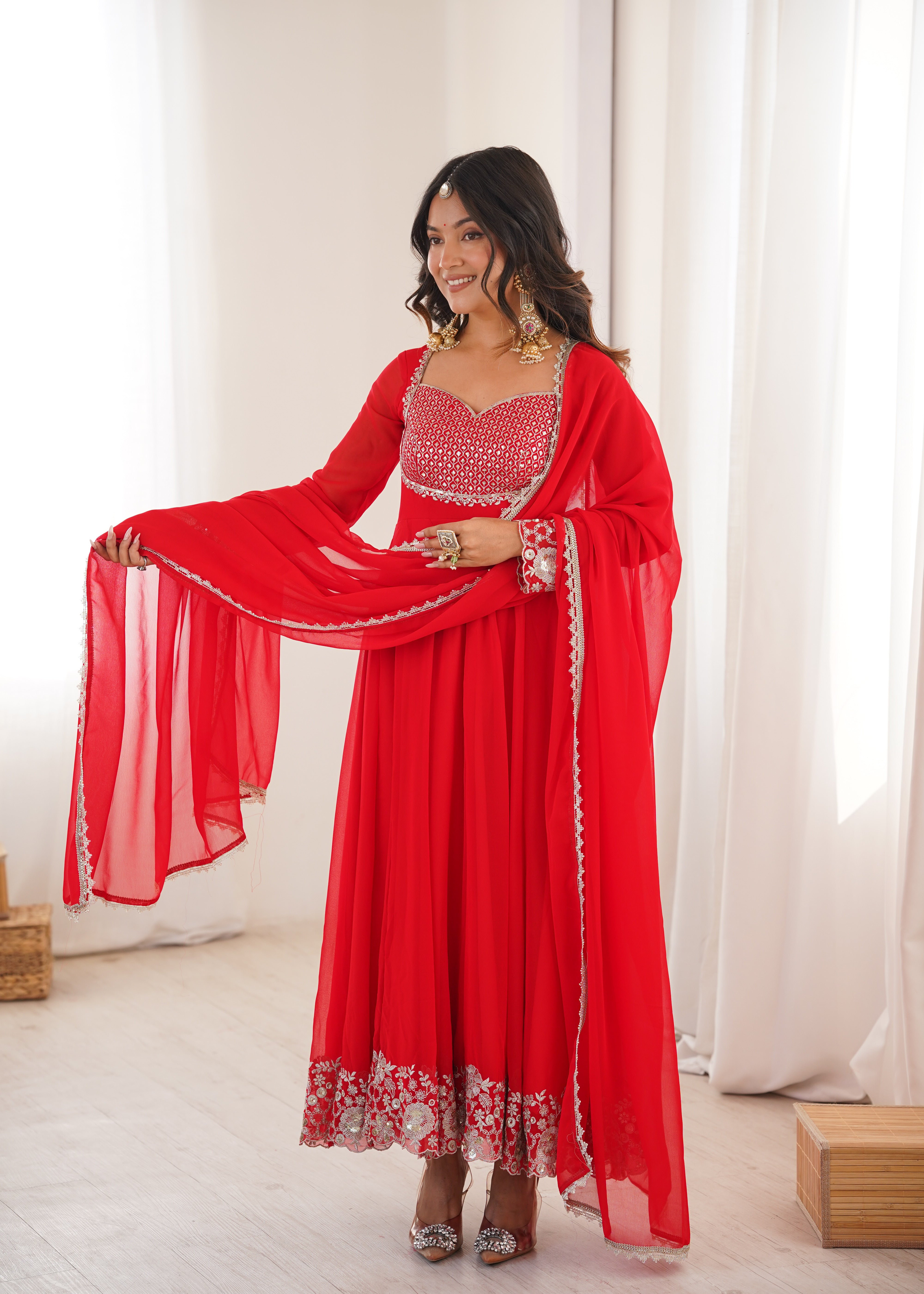 Red Designer Embroidered Anarkali Suit Set with Dupatta & Pant