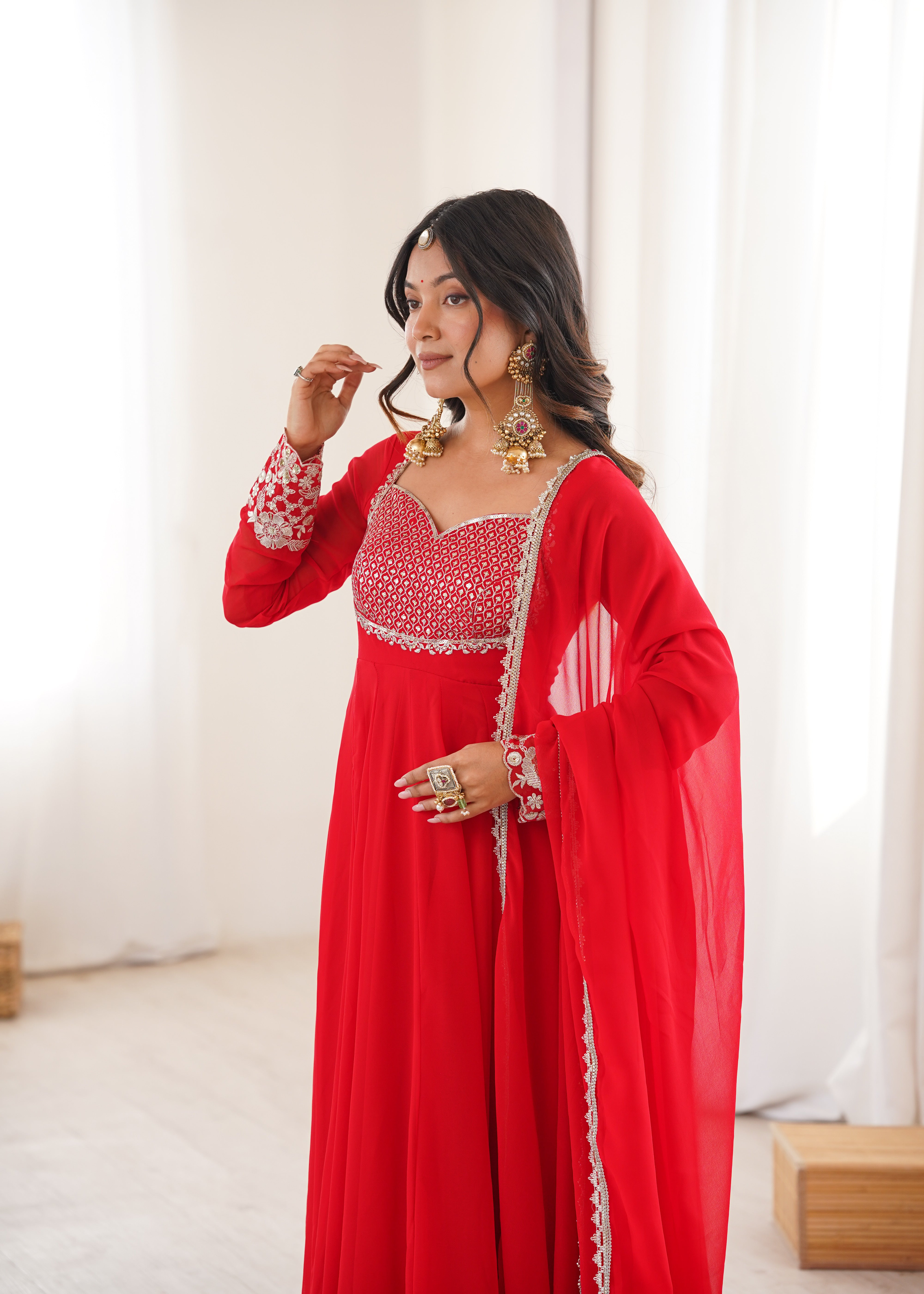 Red Designer Embroidered Anarkali Suit Set with Dupatta & Pant