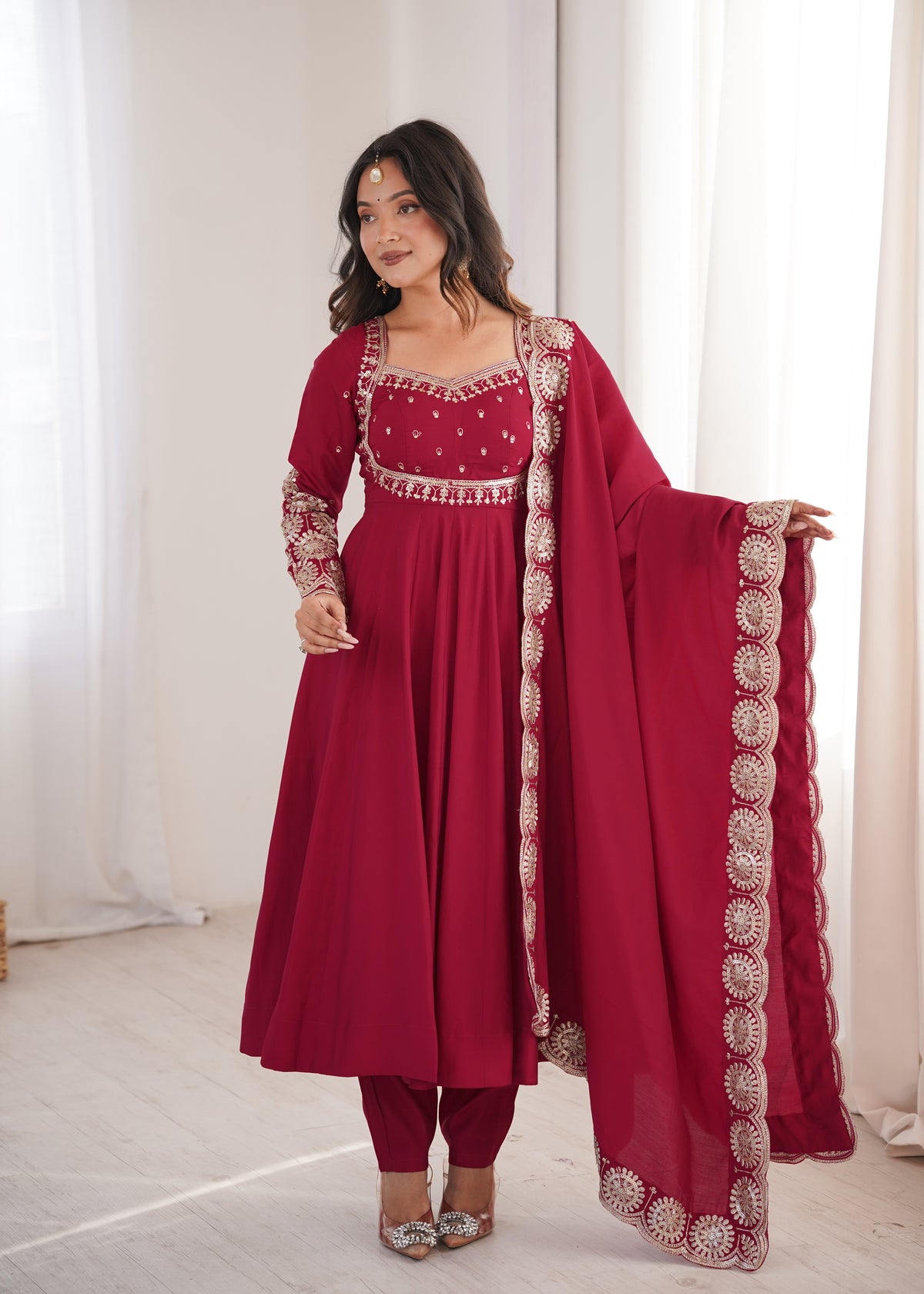 Wine Maroon Embroidered Sequence Work Designer Anarkali Gown Set with Dupatta