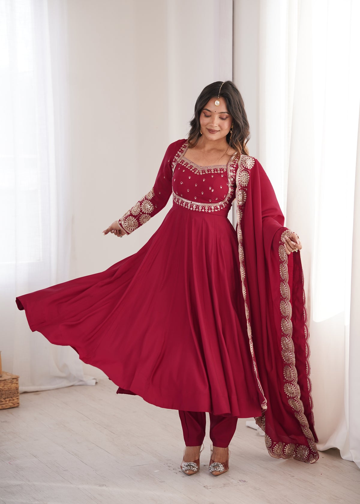 Wine Maroon Embroidered Sequence Work Designer Anarkali Gown Set with Dupatta