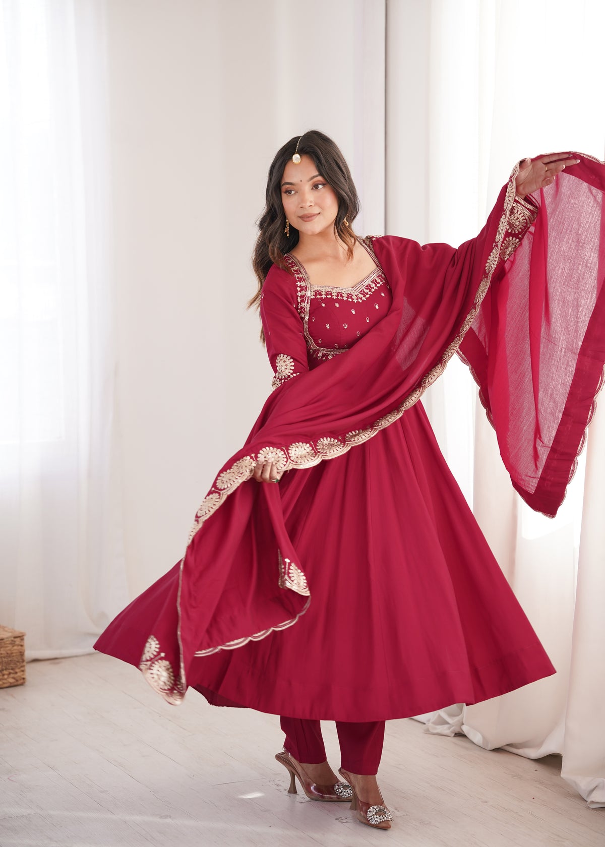 Wine Maroon Embroidered Sequence Work Designer Anarkali Gown Set with Dupatta