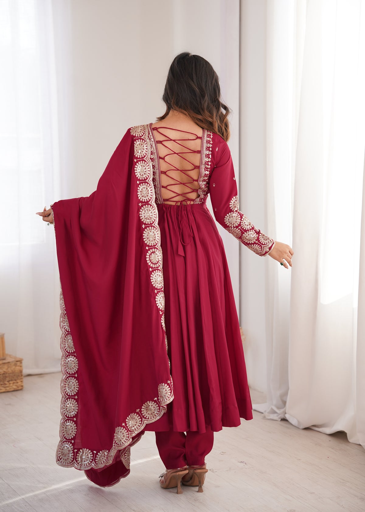 Wine Maroon Embroidered Sequence Work Designer Anarkali Gown Set with Dupatta