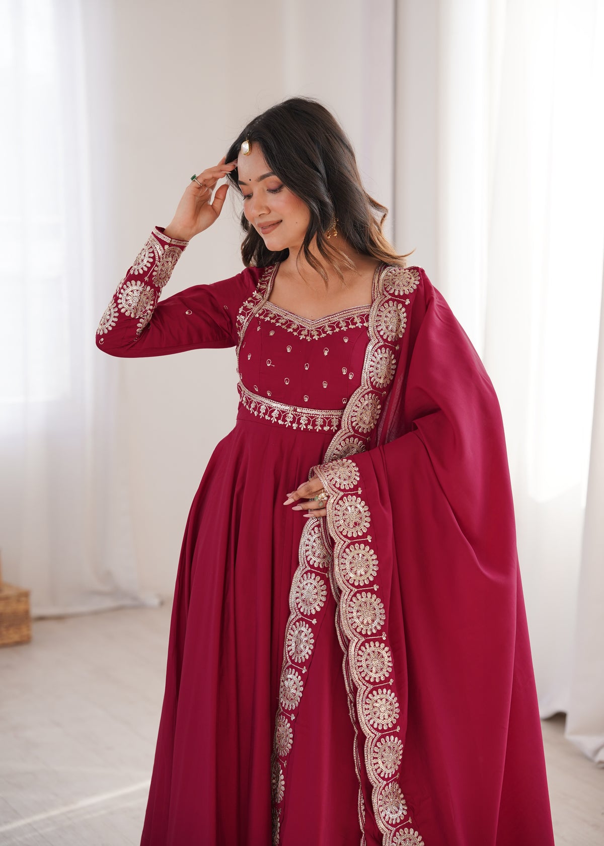 Wine Maroon Embroidered Sequence Work Designer Anarkali Gown Set with Dupatta