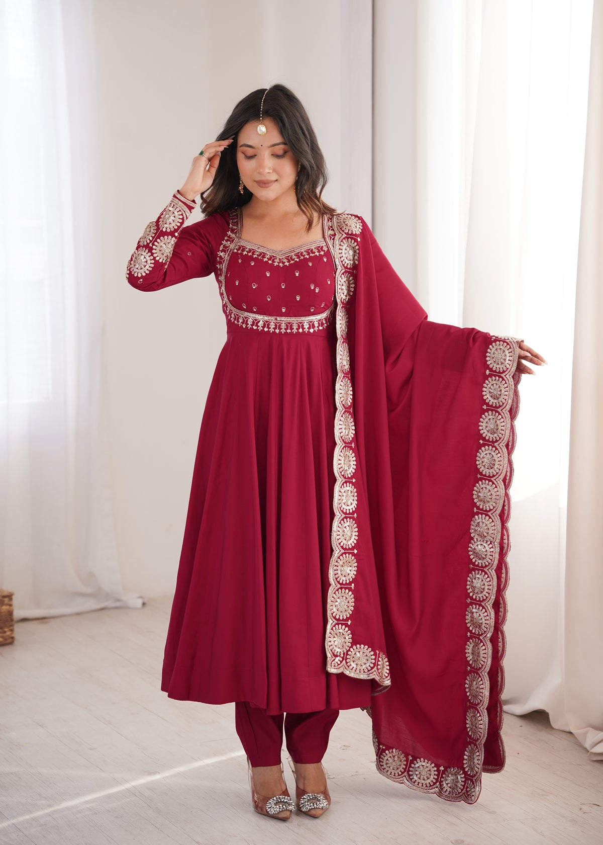 Wine Maroon Embroidered Sequence Work Designer Anarkali Gown Set with Dupatta