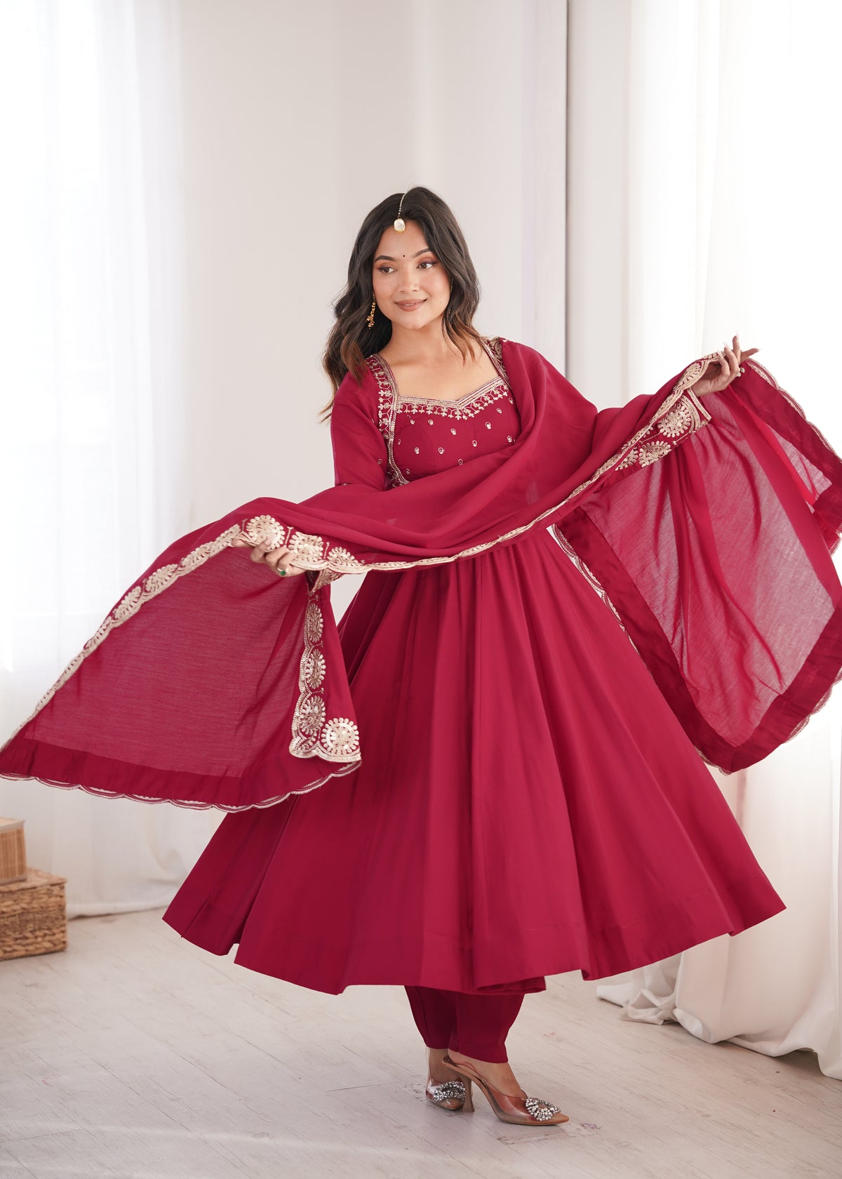 Wine Maroon Embroidered Sequence Work Designer Anarkali Gown Set with Dupatta