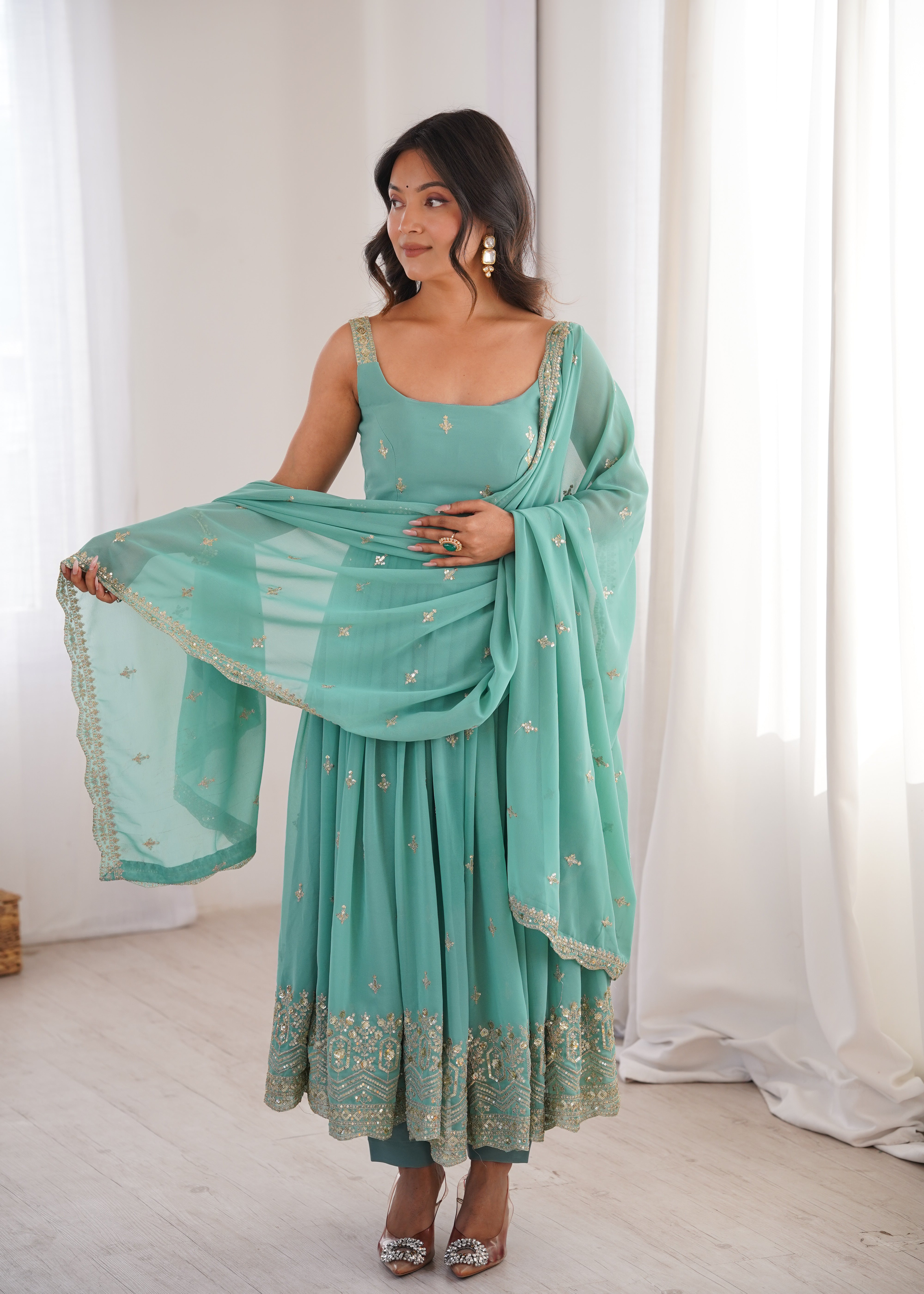 Mint Green Designer Embroidered Anarkali Suit Set with Dupatta & Pant