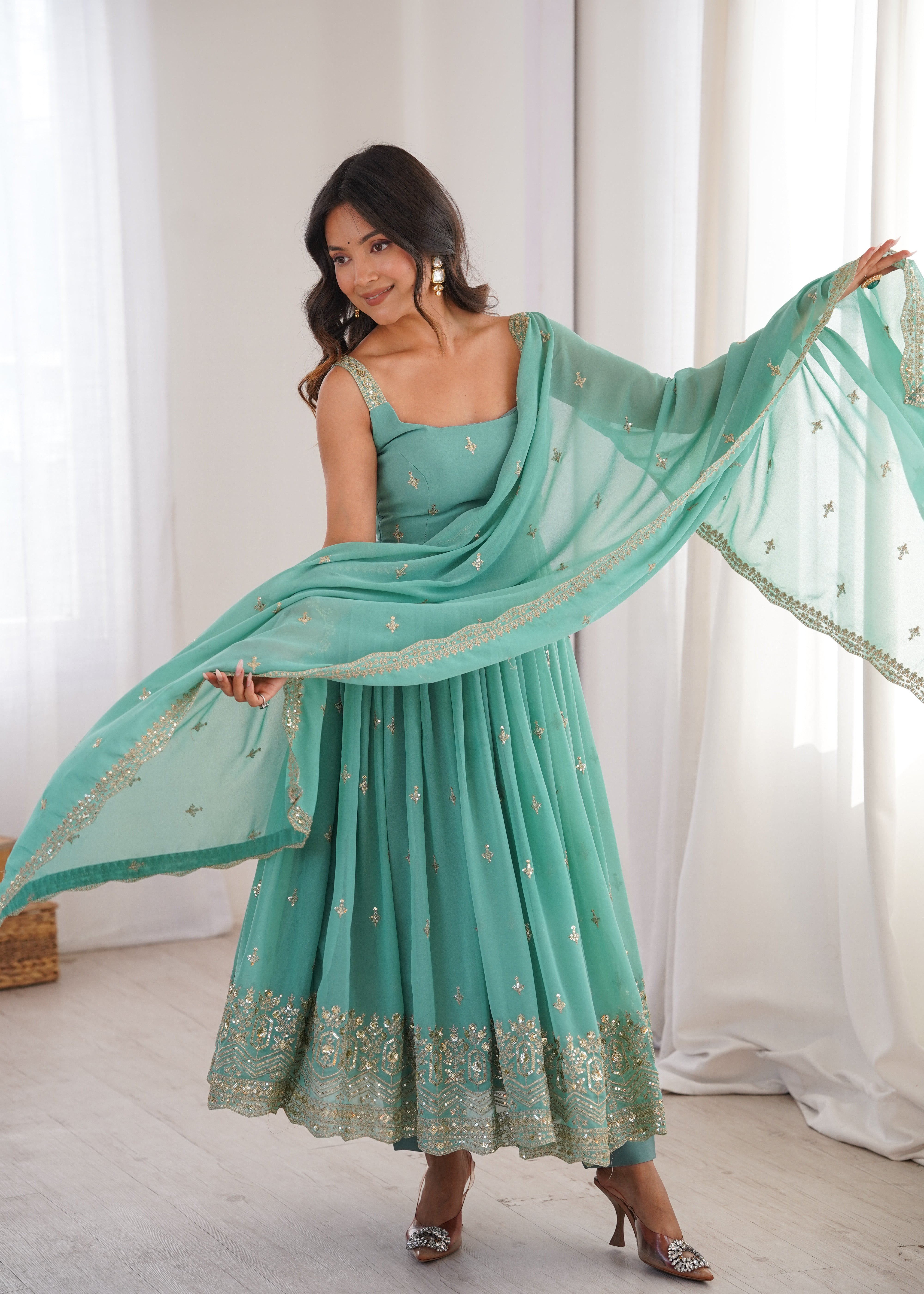 Mint Green Designer Embroidered Anarkali Suit Set with Dupatta & Pant