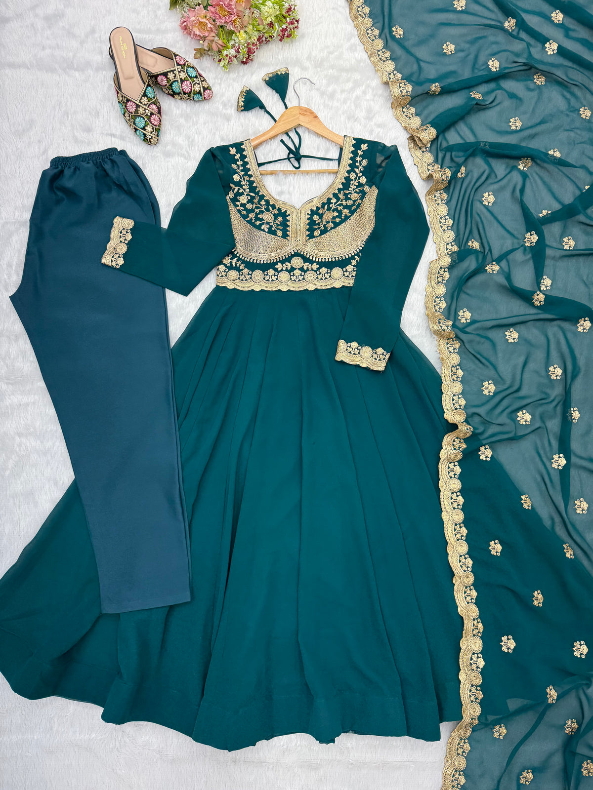 Petrol Blue Blooming Georgette Embroidered Anarkali Suit Set with Dupatta