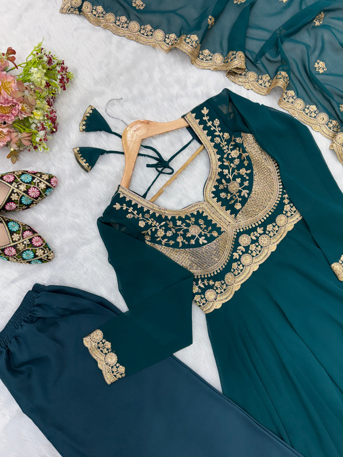 Petrol Blue Blooming Georgette Embroidered Anarkali Suit Set with Dupatta