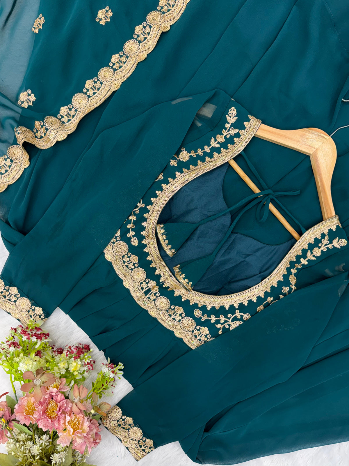Petrol Blue Blooming Georgette Embroidered Anarkali Suit Set with Dupatta