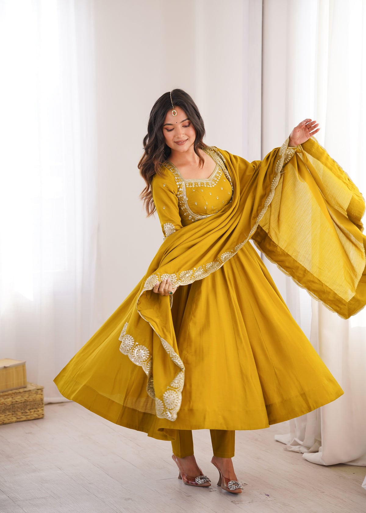Mustard Yellow Embroidered Sequence Work Anarkali Gown Set with Dupatta