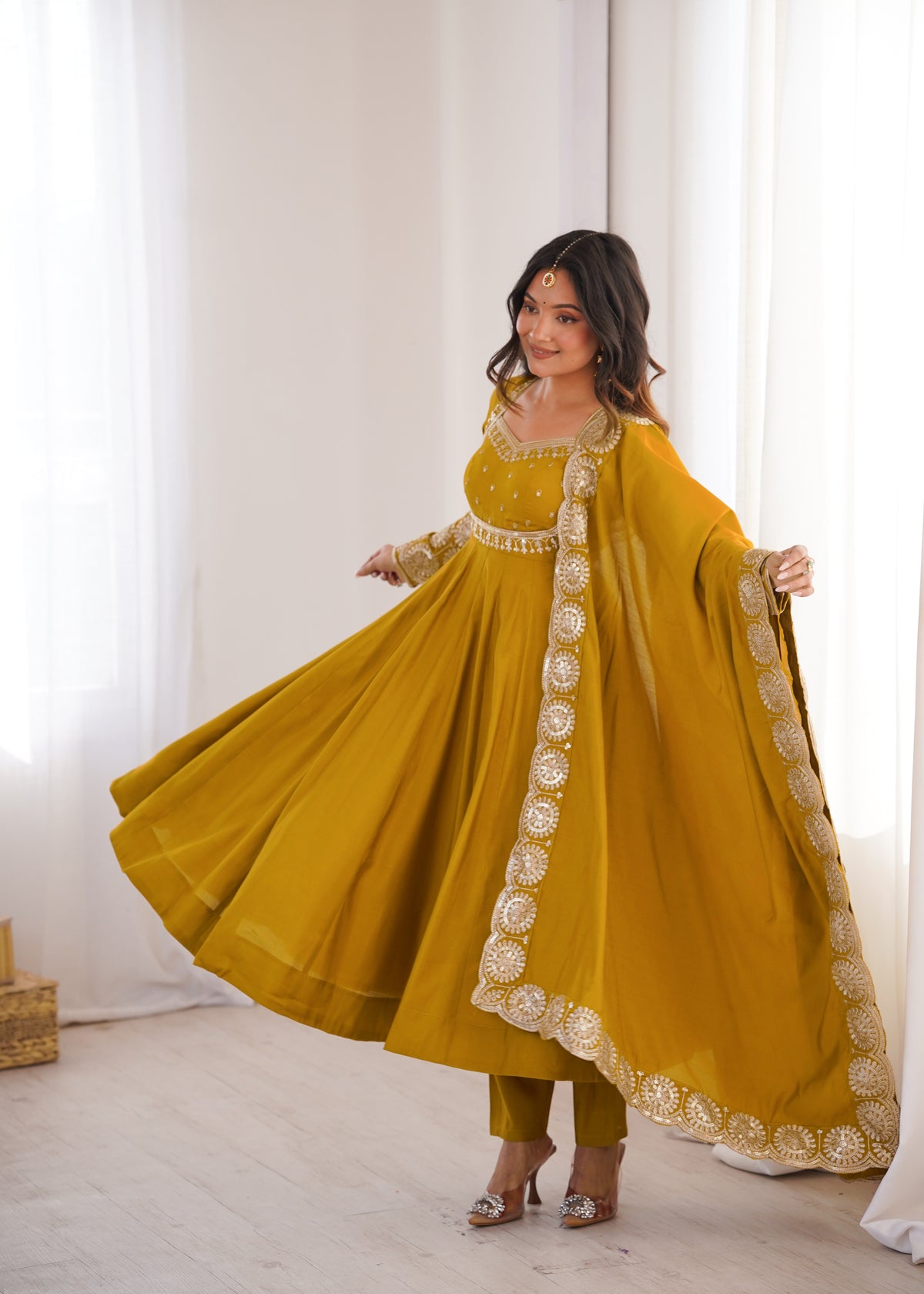Mustard Yellow Embroidered Sequence Work Anarkali Gown Set with Dupatta