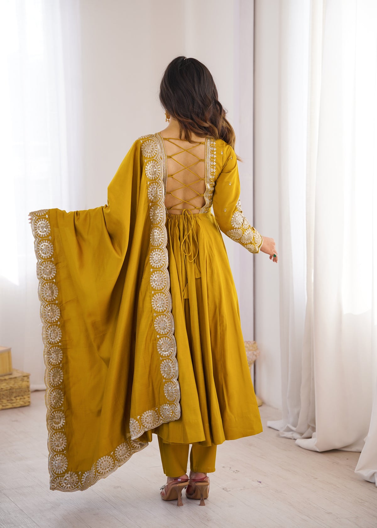 Mustard Yellow Embroidered Sequence Work Anarkali Gown Set with Dupatta