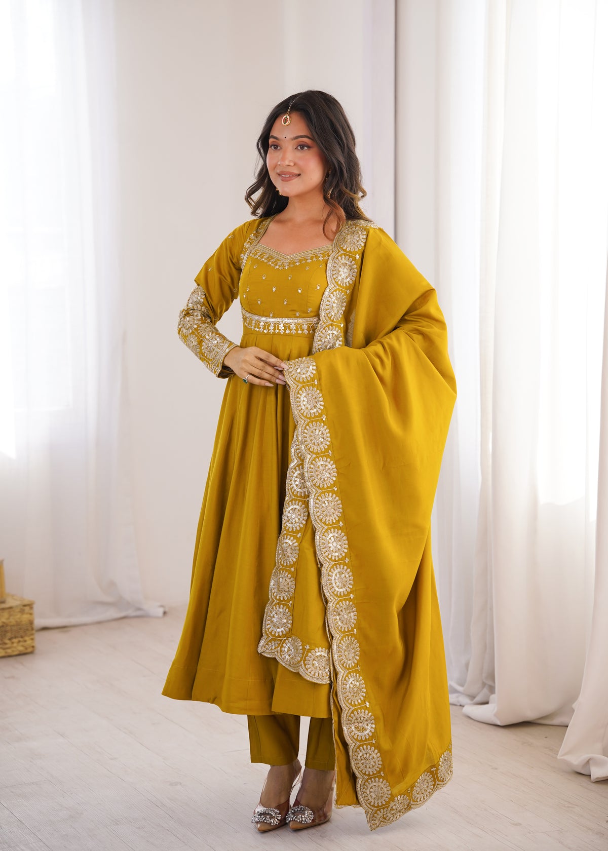 Mustard Yellow Embroidered Sequence Work Anarkali Gown Set with Dupatta