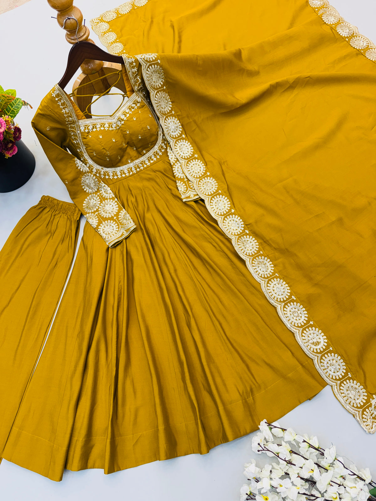 Mustard Yellow Embroidered Sequence Work Anarkali Gown Set with Dupatta