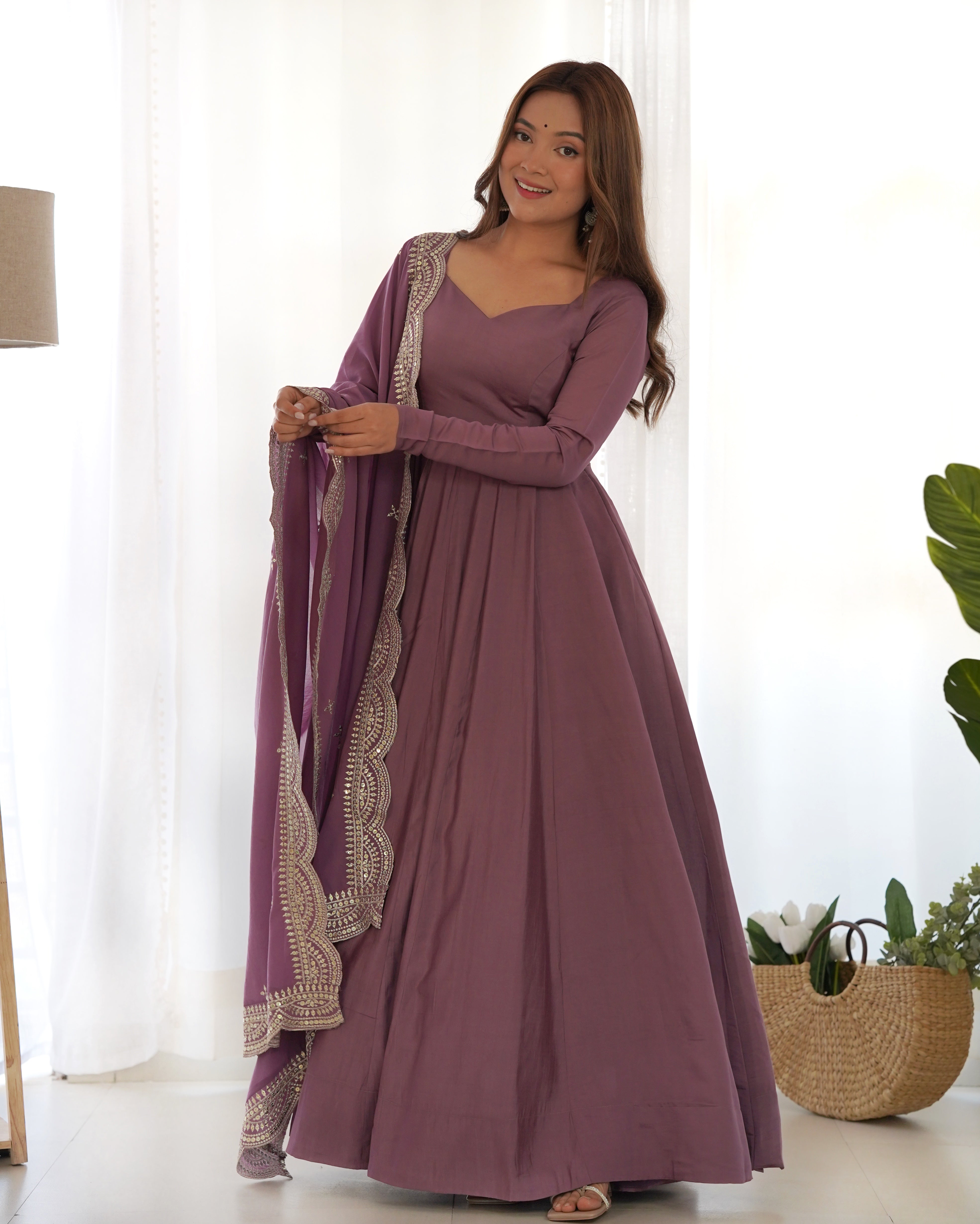 Mauve Pink Anarkali Gown Dupatta Pant Set