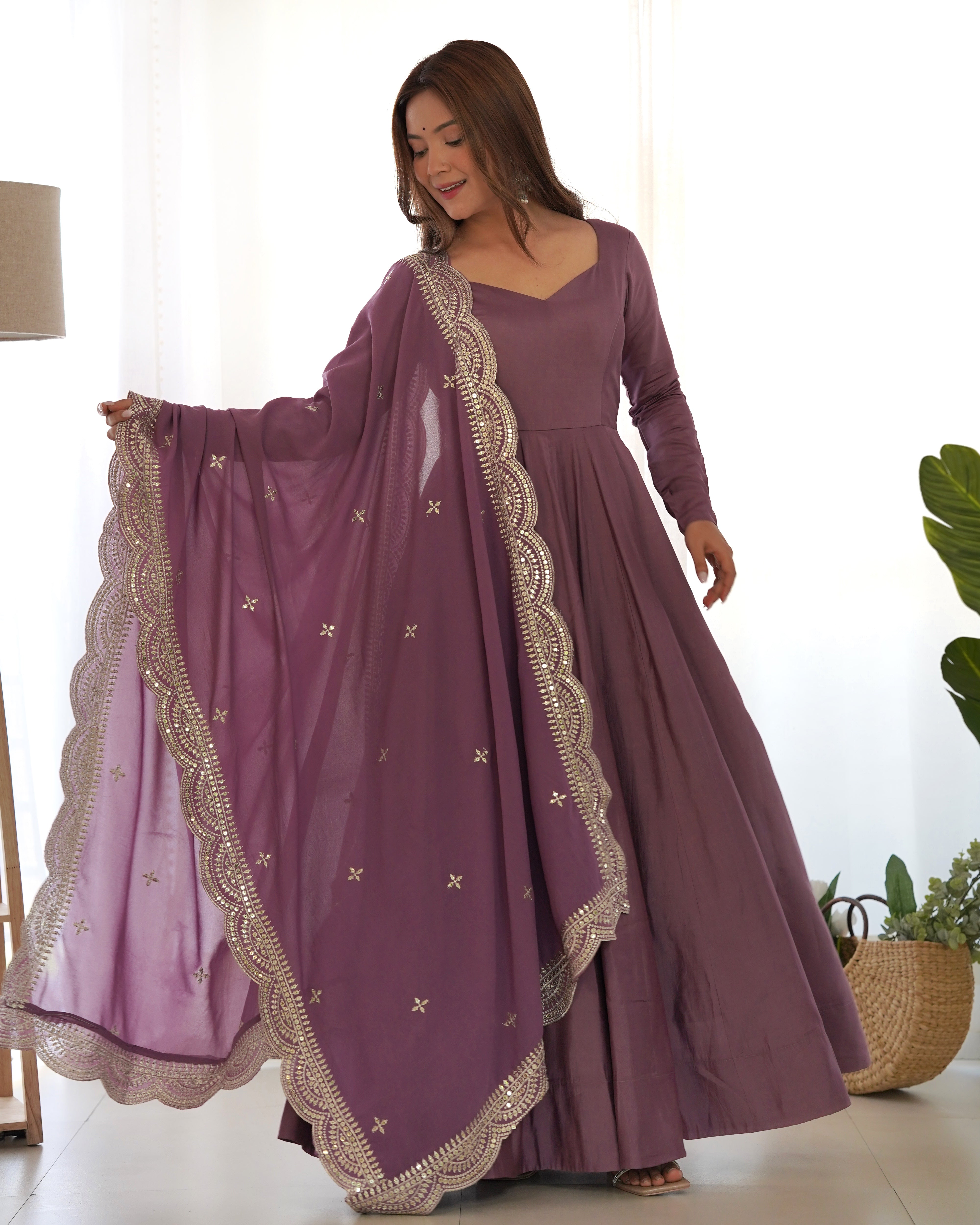 Mauve Pink Anarkali Gown Dupatta Pant Set