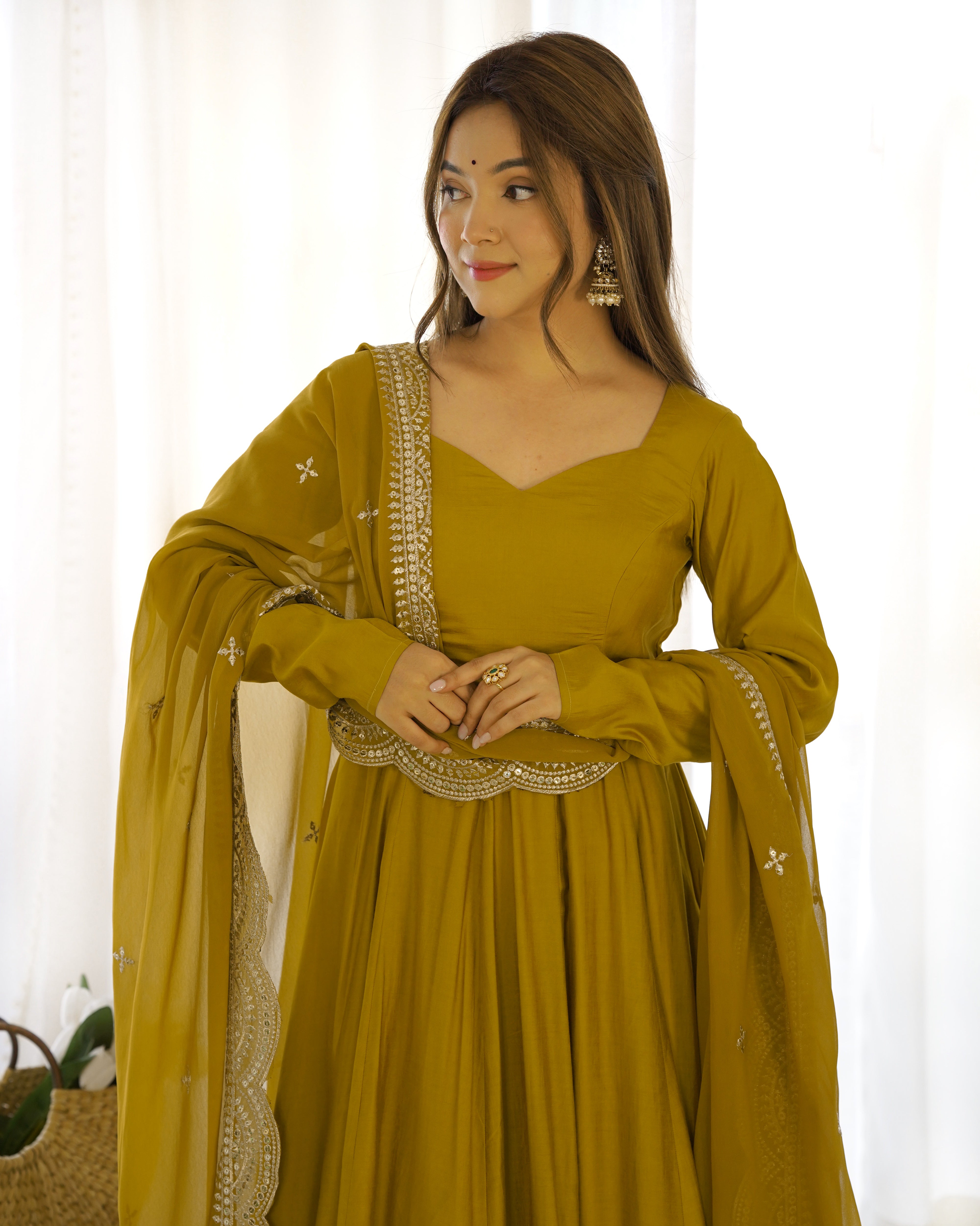 Mustard Yellow Anarkali Gown Dupatta Pant Set