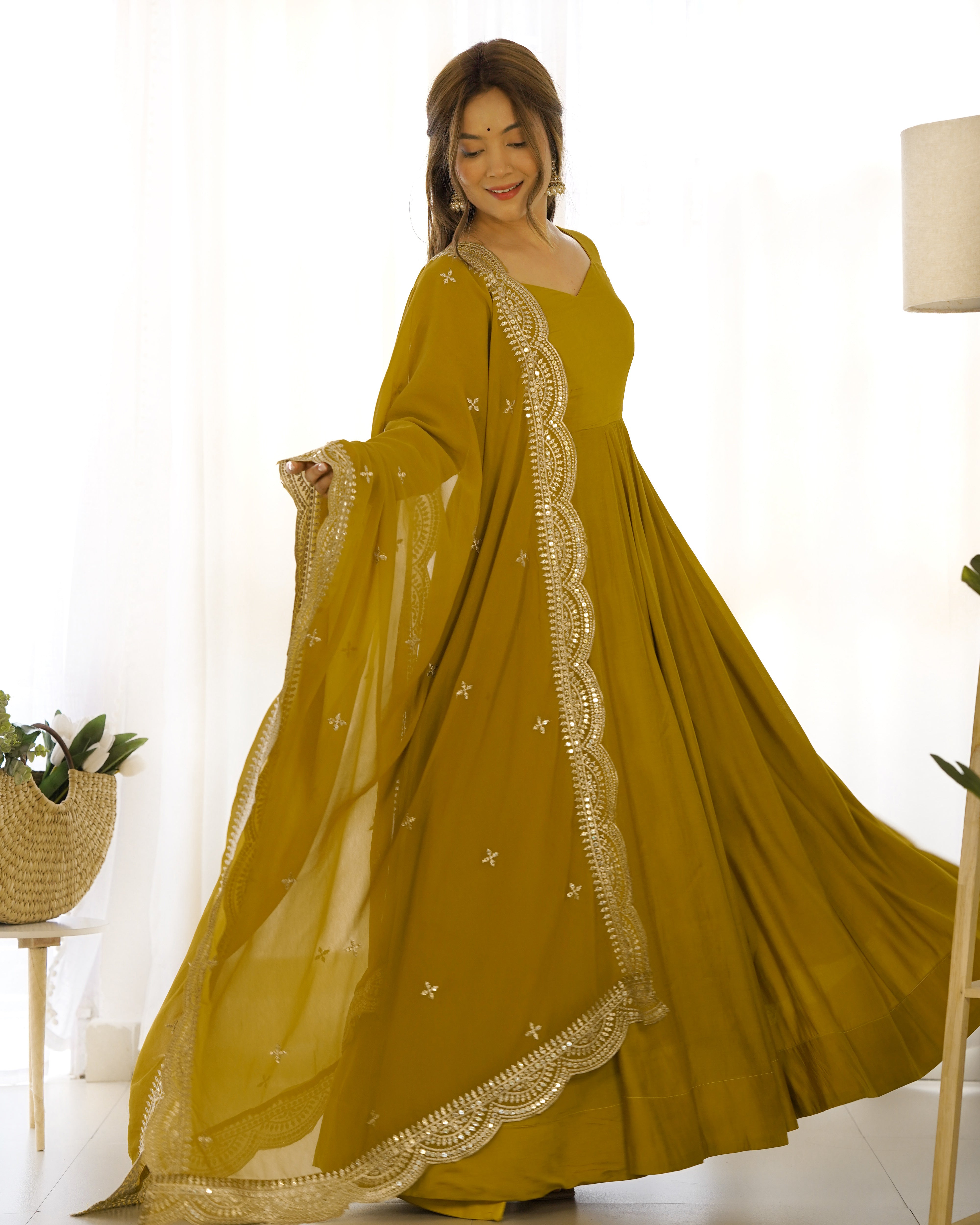 Mustard Yellow Anarkali Gown Dupatta Pant Set