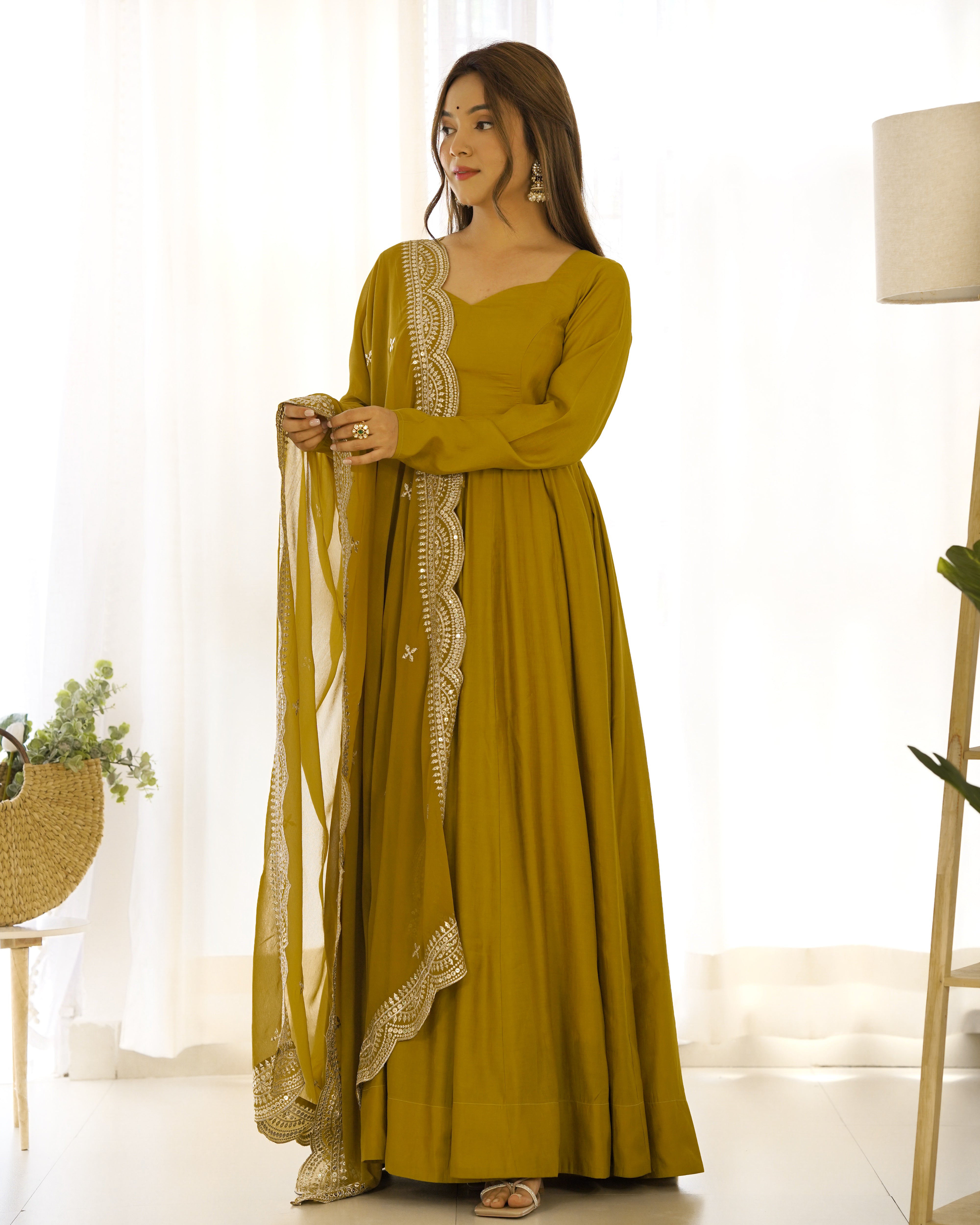 Mustard Yellow Anarkali Gown Dupatta Pant Set