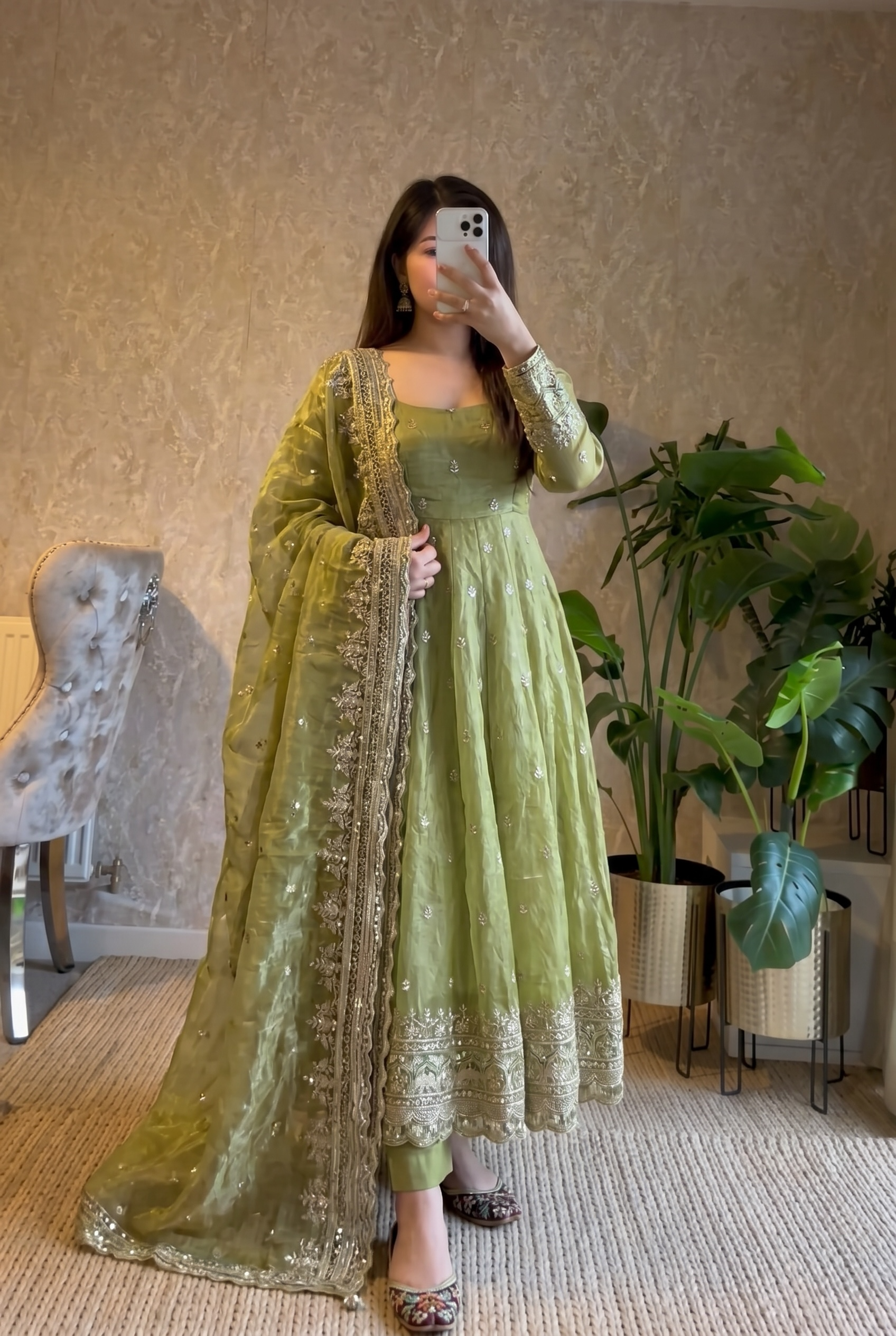 Pista Green Designer Embroidered Gown Set With Dupatta & Pant