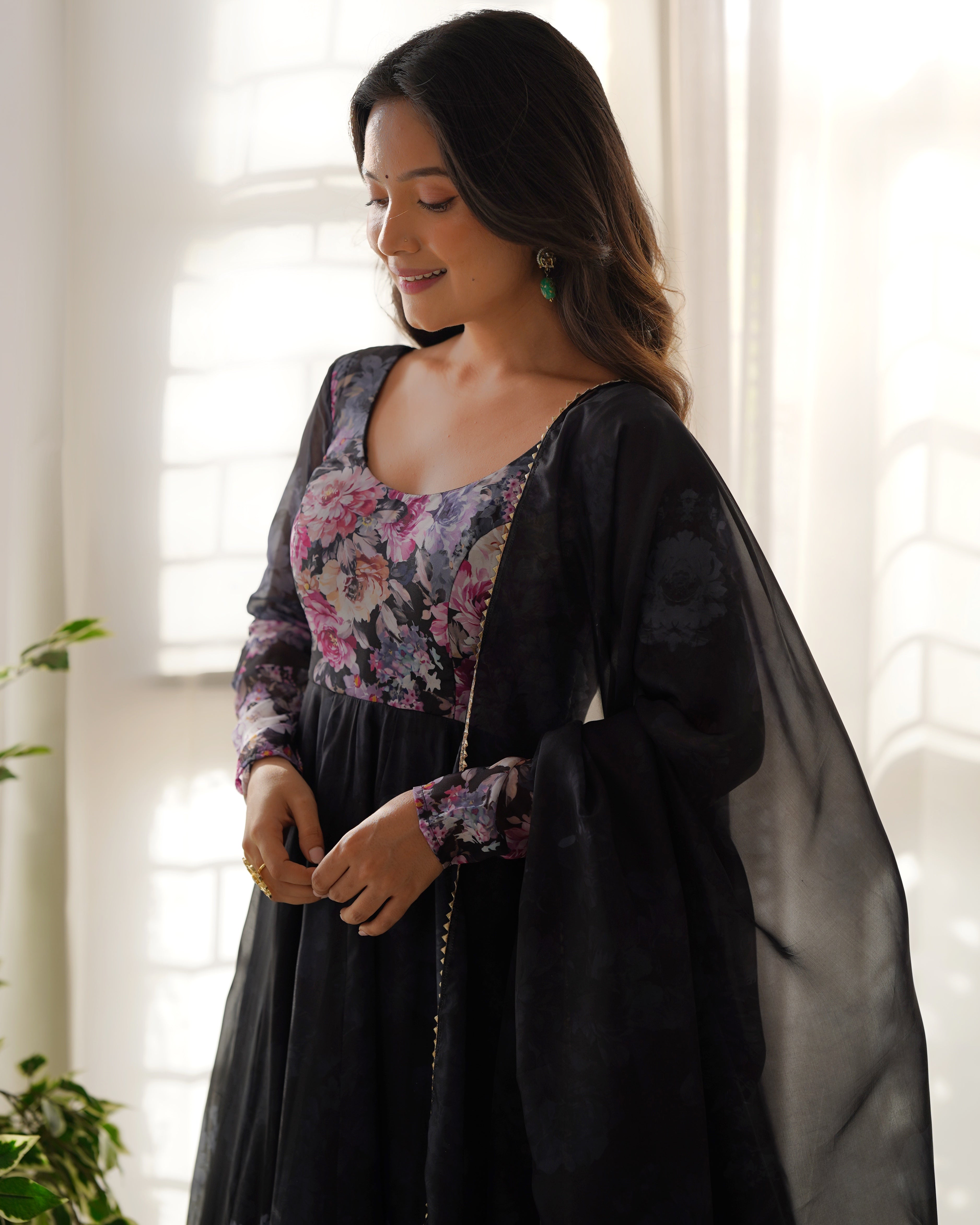 Black Organza Silk Printed Anarkali Suit Set with Gota Patti Dupatta