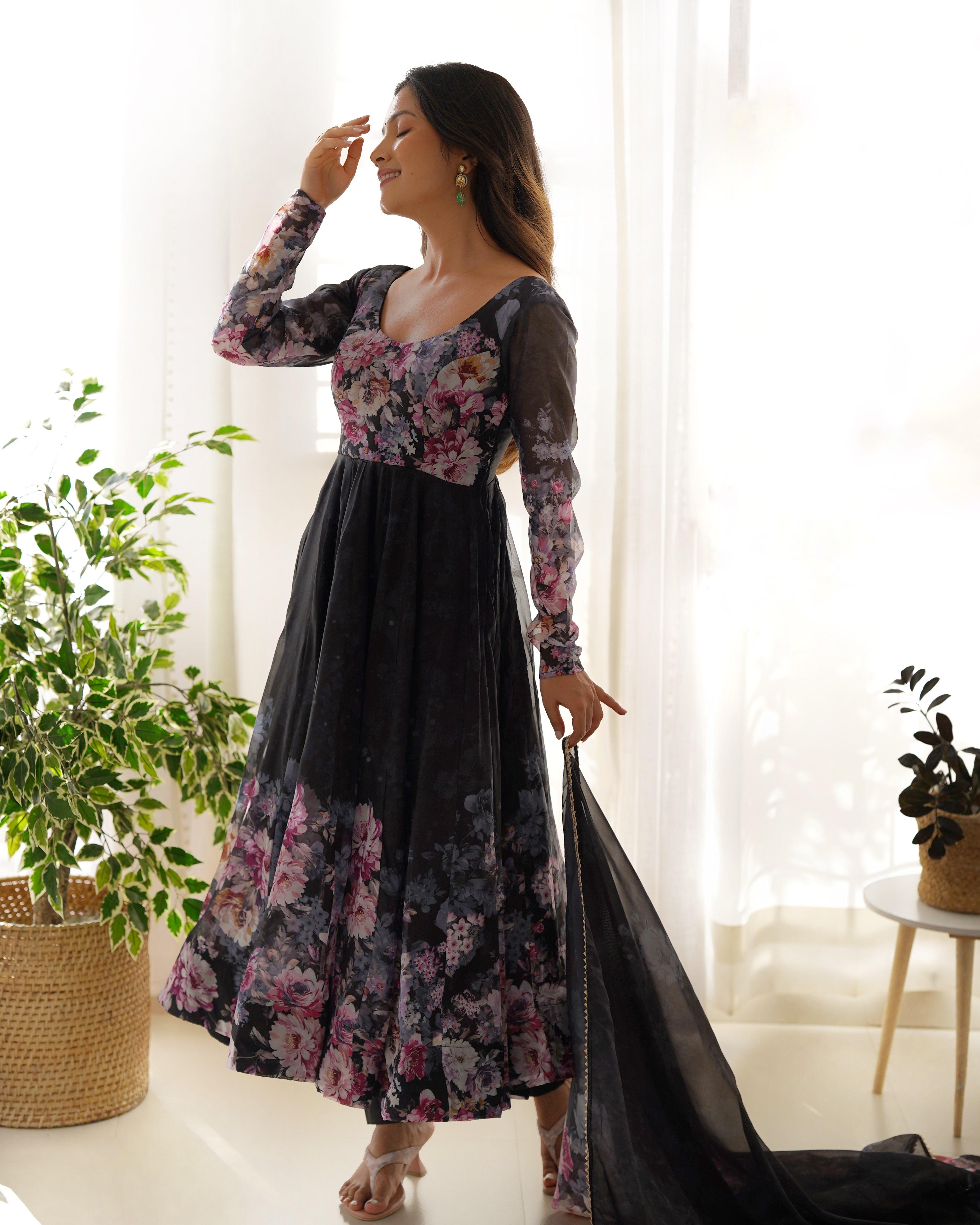 Black Organza Silk Printed Anarkali Suit Set with Gota Patti Dupatta