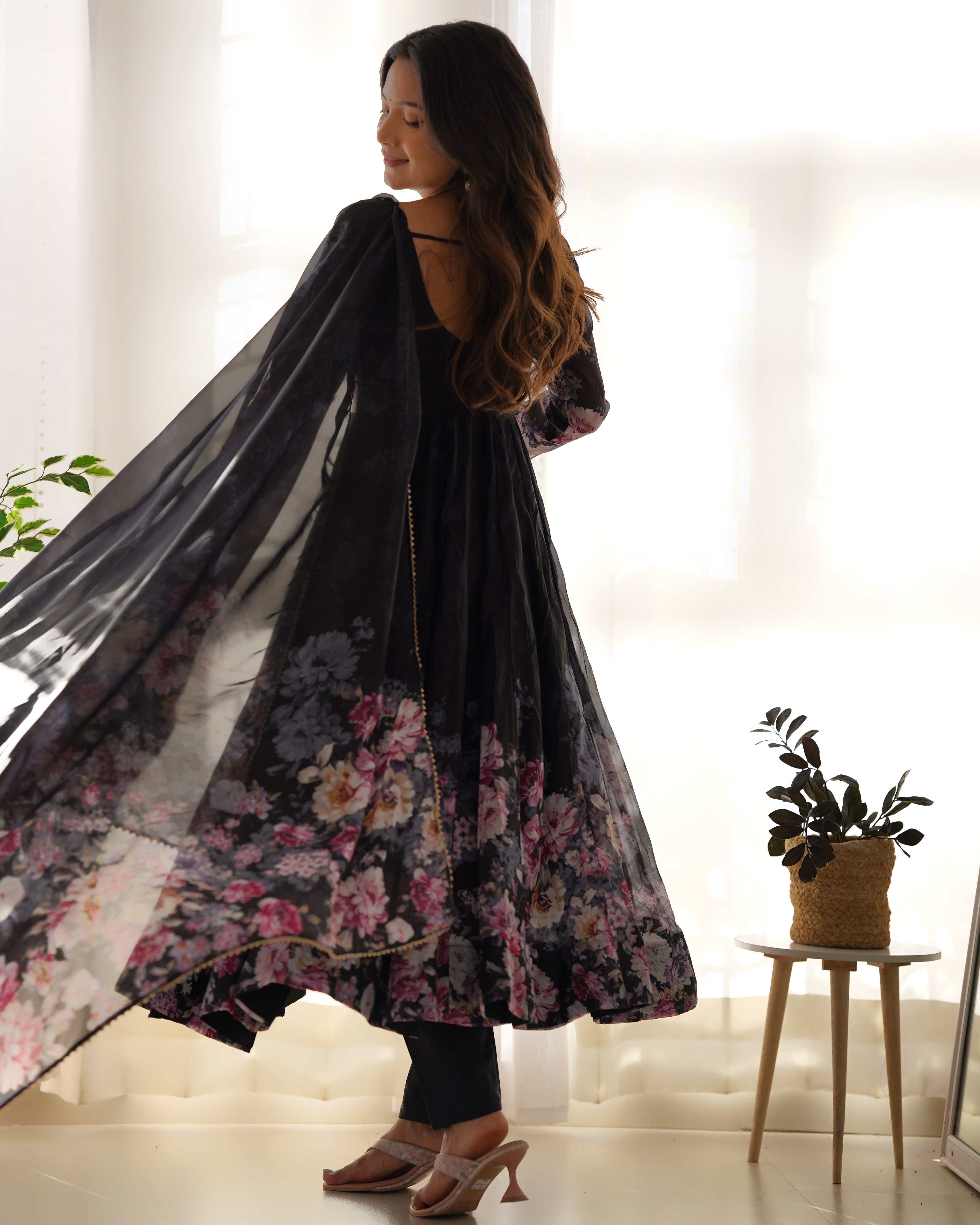 Black Organza Silk Printed Anarkali Suit Set with Gota Patti Dupatta
