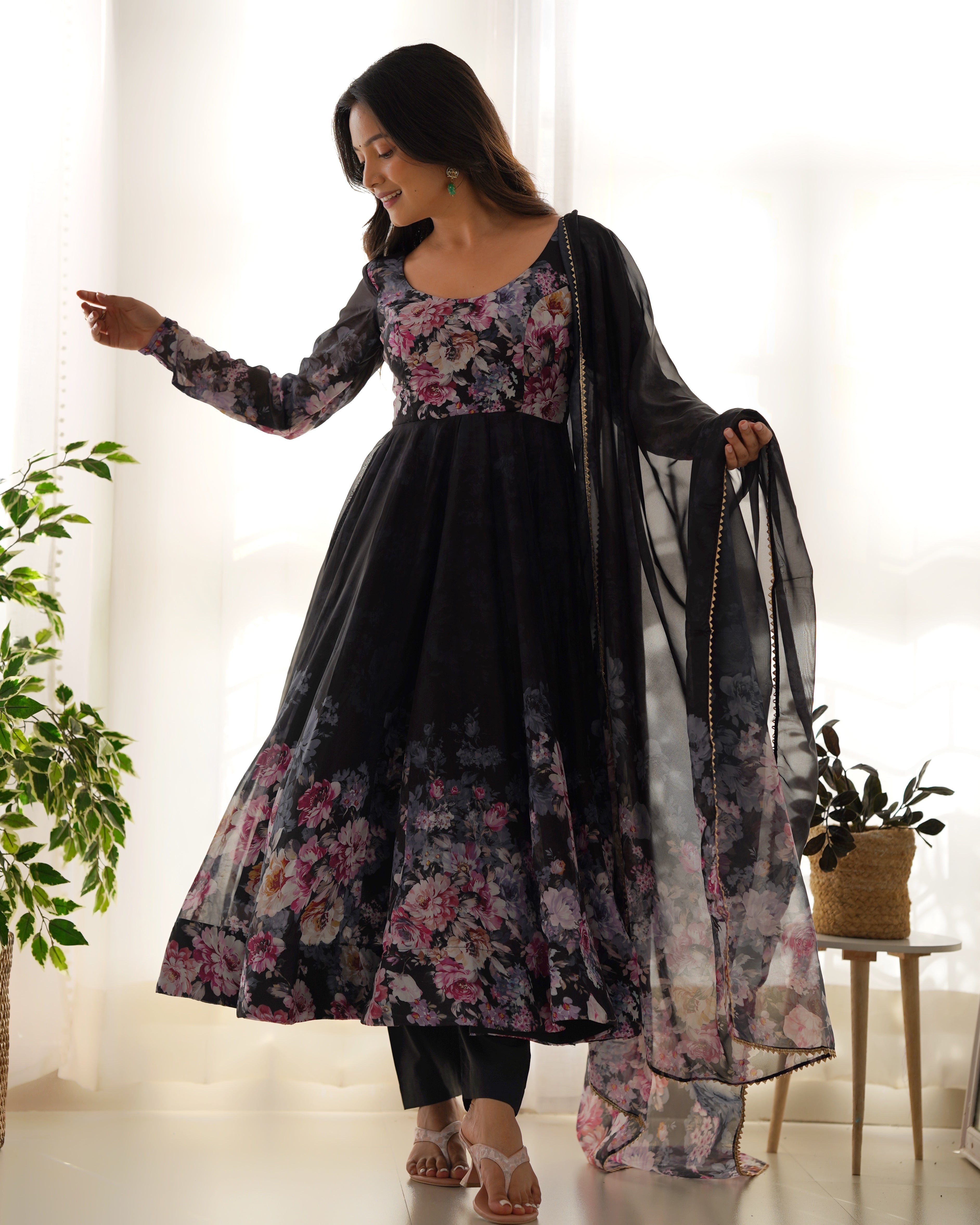 Black Organza Silk Printed Anarkali Suit Set with Gota Patti Dupatta