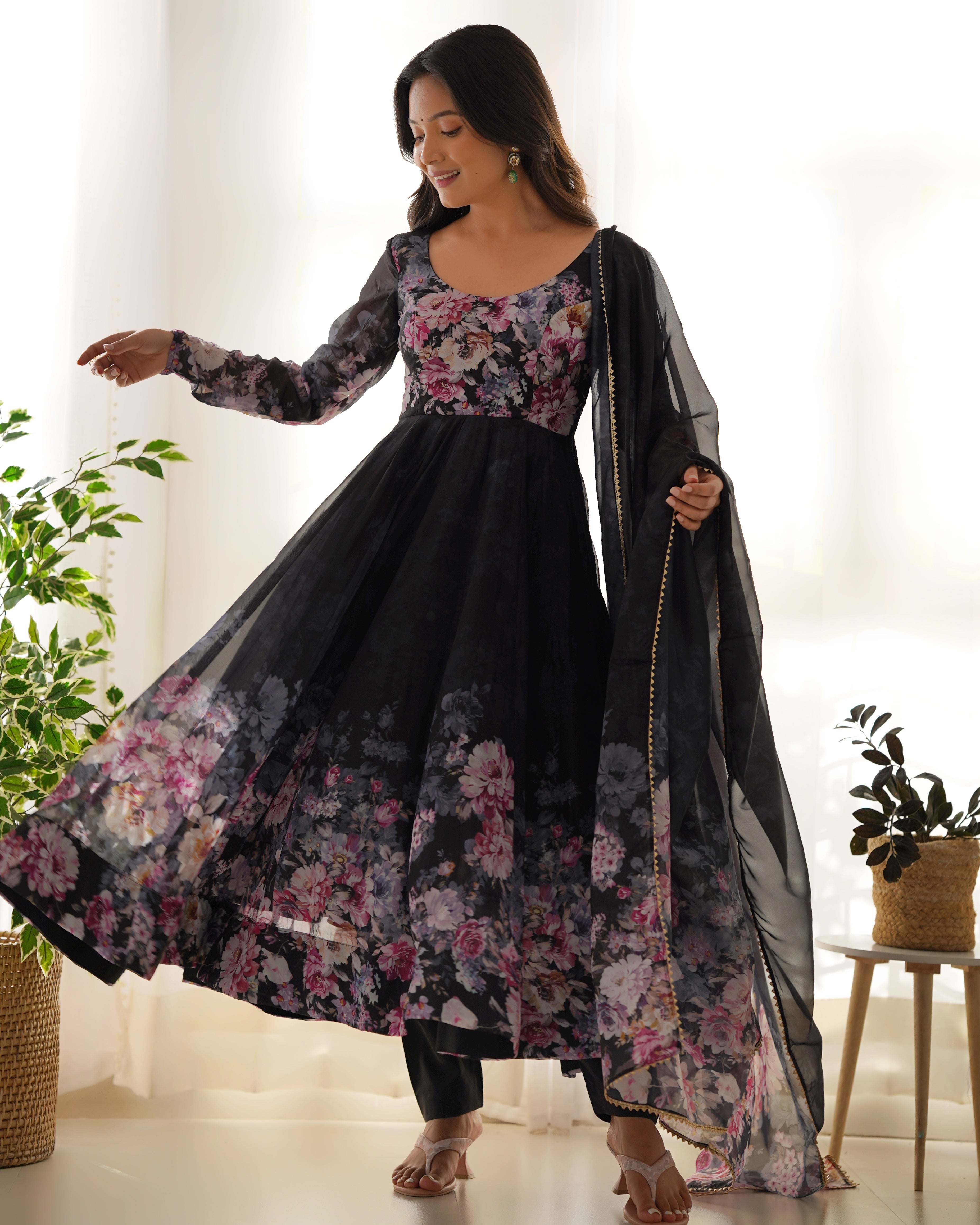 Black Organza Silk Printed Anarkali Suit Set with Gota Patti Dupatta