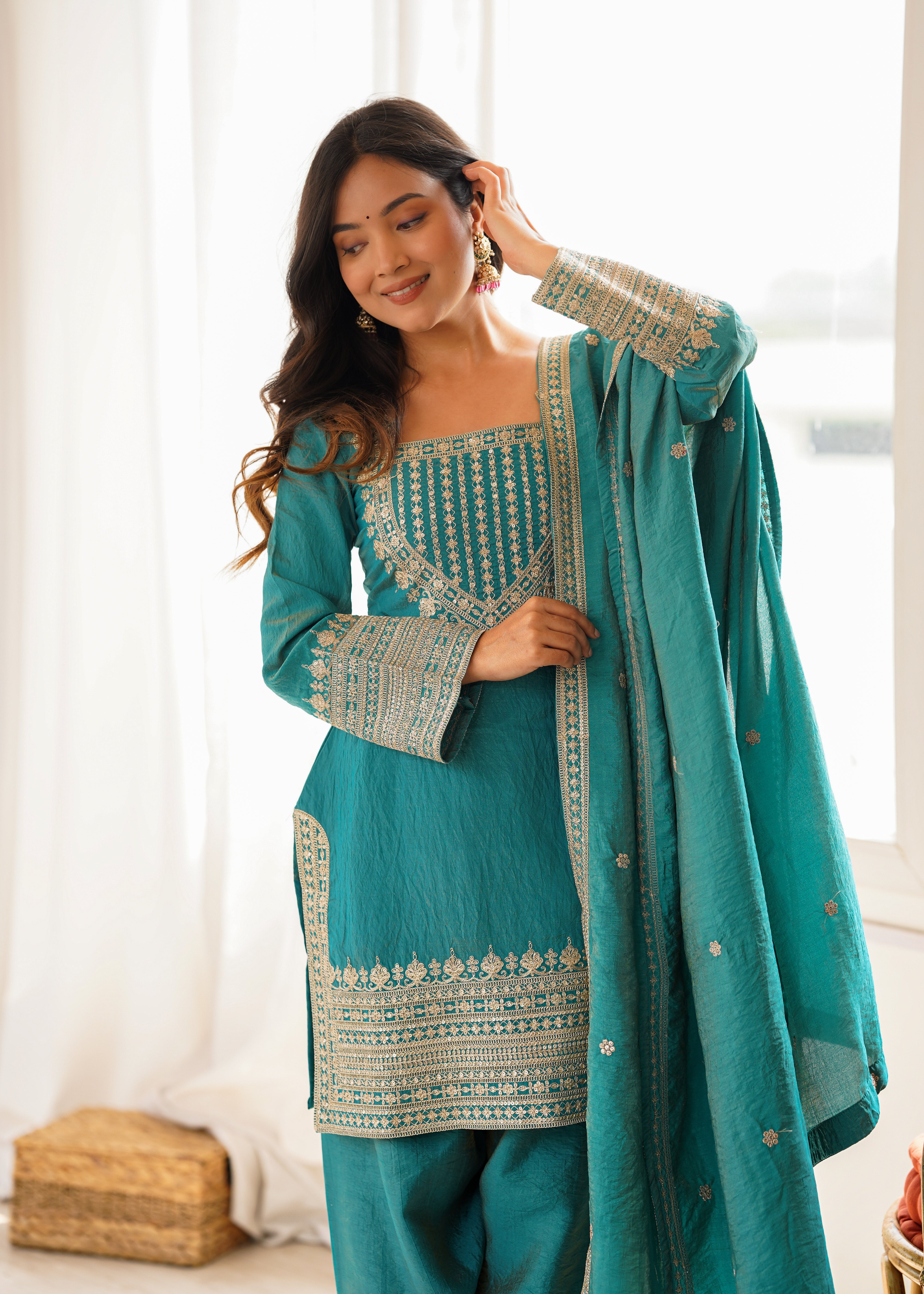 Women's Dusty SeaGreen NC Vichitra Silk Embroidered Kurta Set with Dupatta & Farshi Shalwar | Nardev Fashion