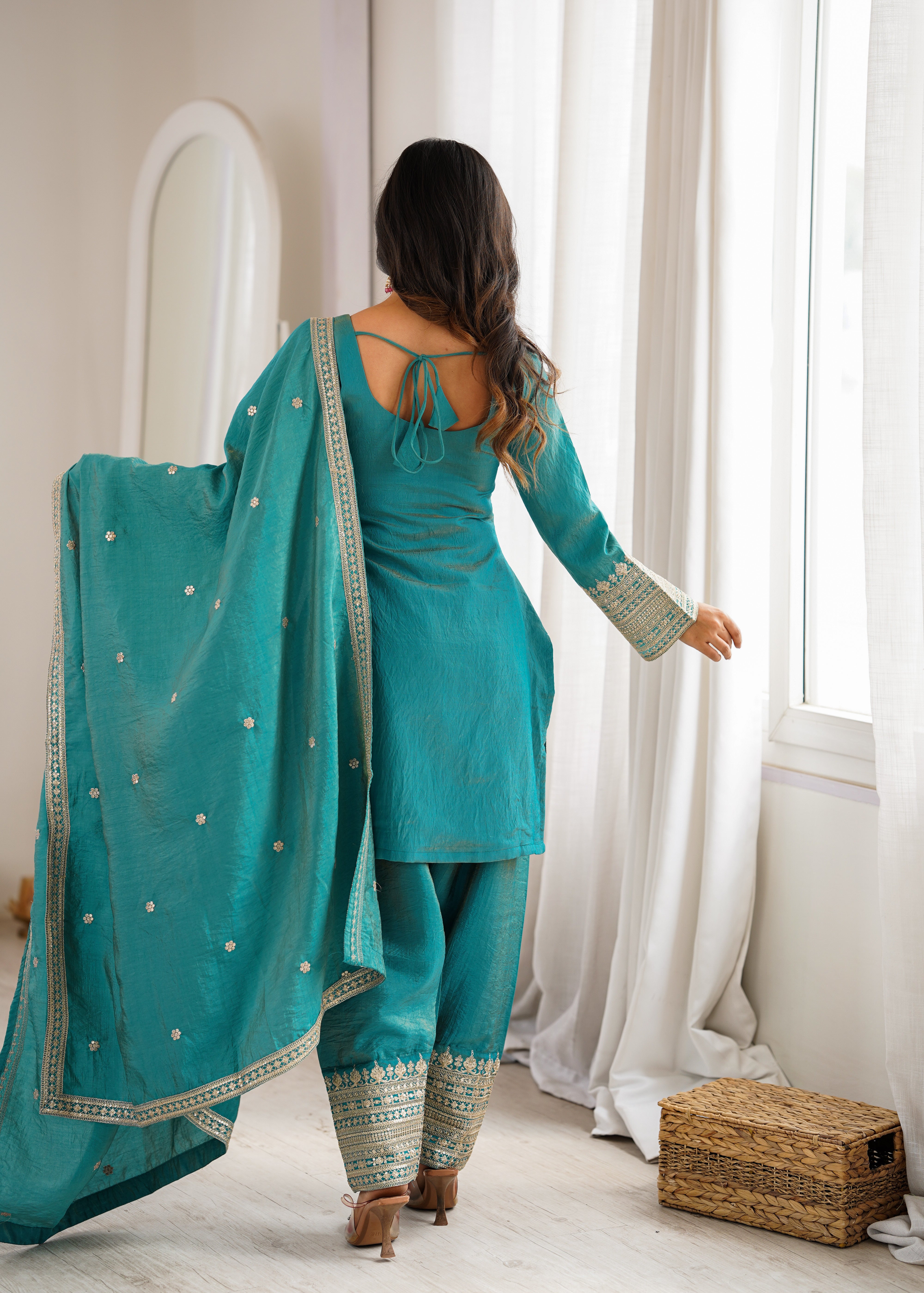 Women's Dusty SeaGreen NC Vichitra Silk Embroidered Kurta Set with Dupatta & Farshi Shalwar | Nardev Fashion
