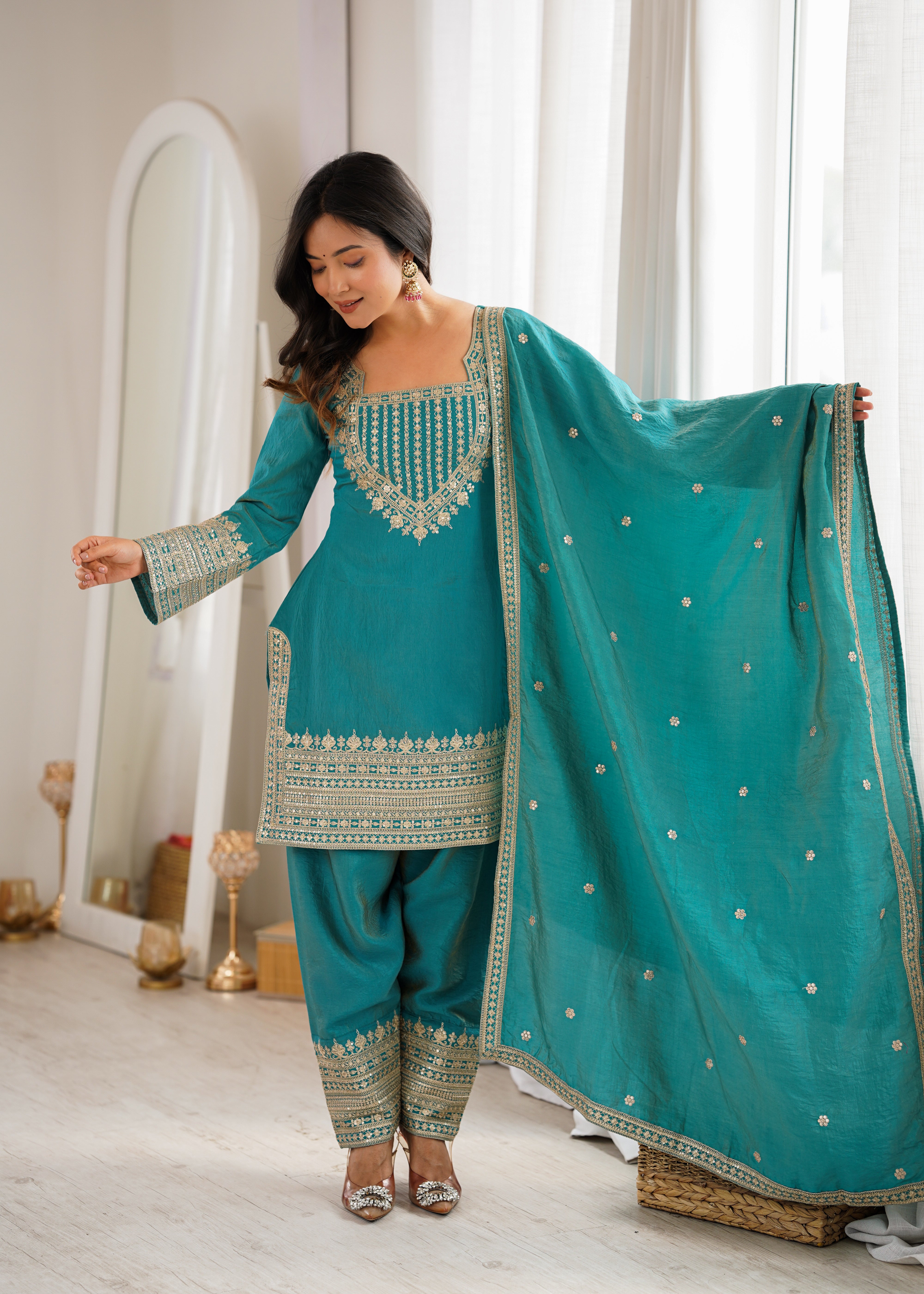 Women's Dusty SeaGreen NC Vichitra Silk Embroidered Kurta Set with Dupatta & Farshi Shalwar | Nardev Fashion