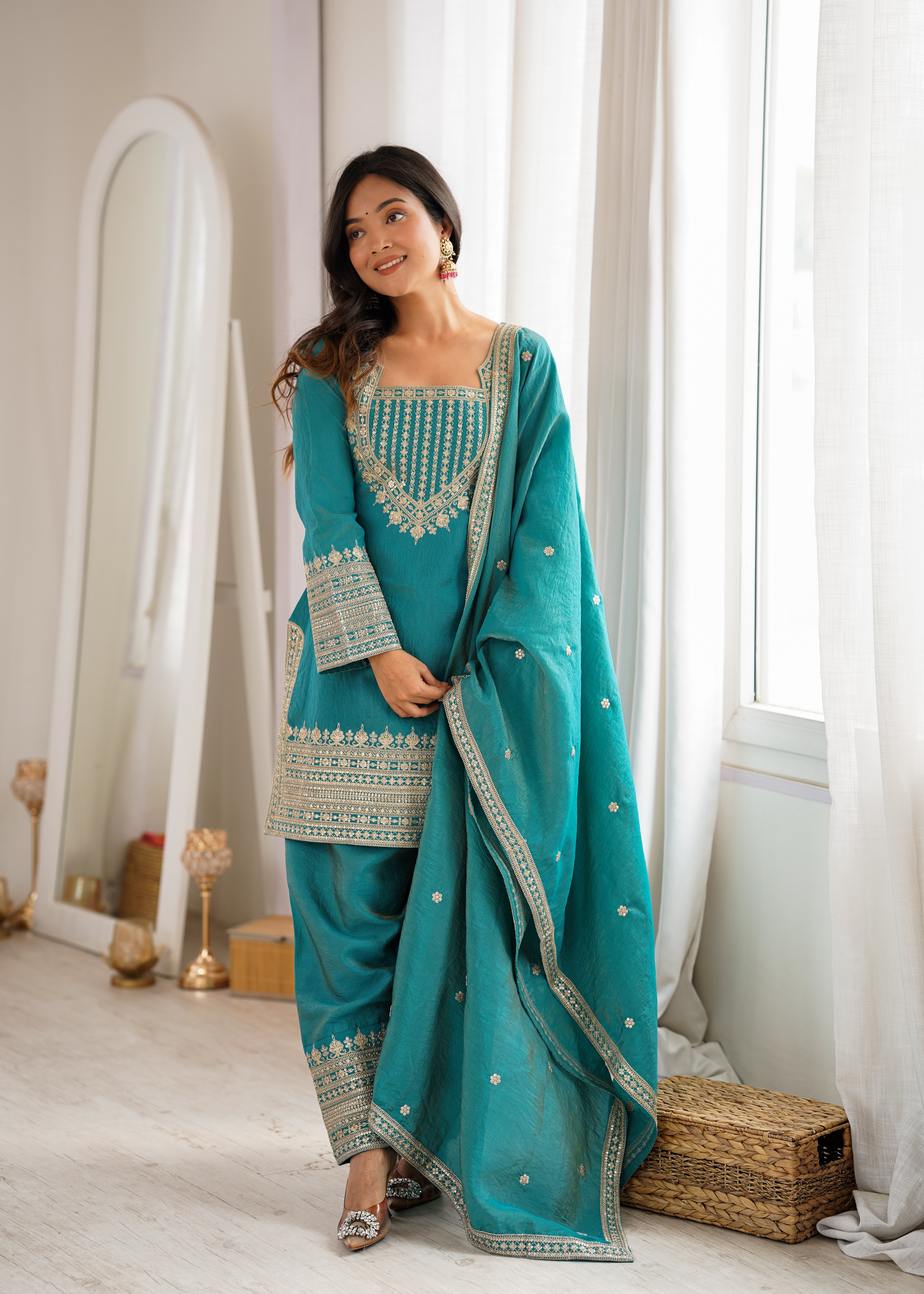 Women's Dusty SeaGreen NC Vichitra Silk Embroidered Kurta Set with Dupatta & Farshi Shalwar | Nardev Fashion