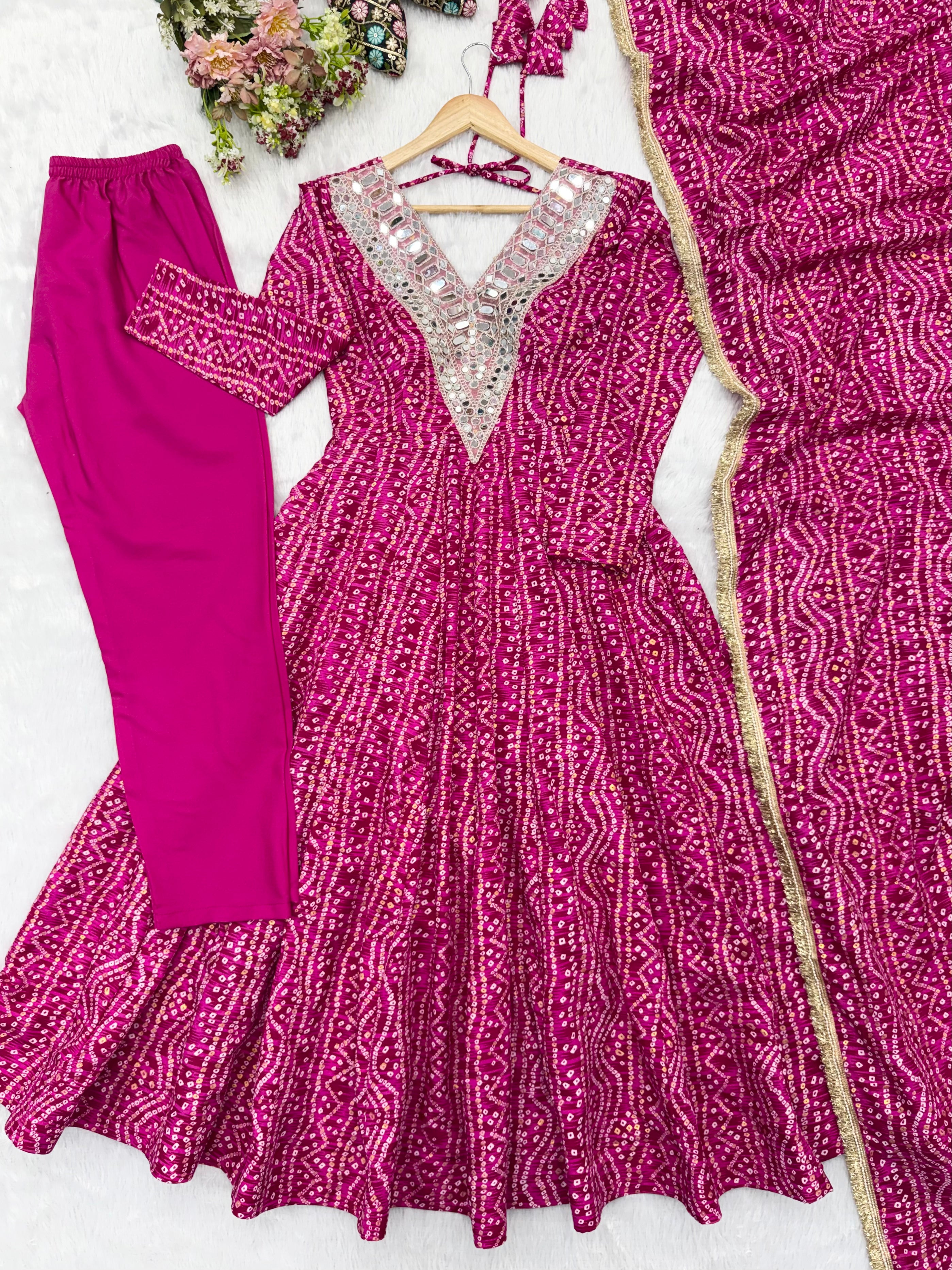 Hot Pink Mirror Embroidered Rayon Anarkali Gown Set with Dupatta & Pant