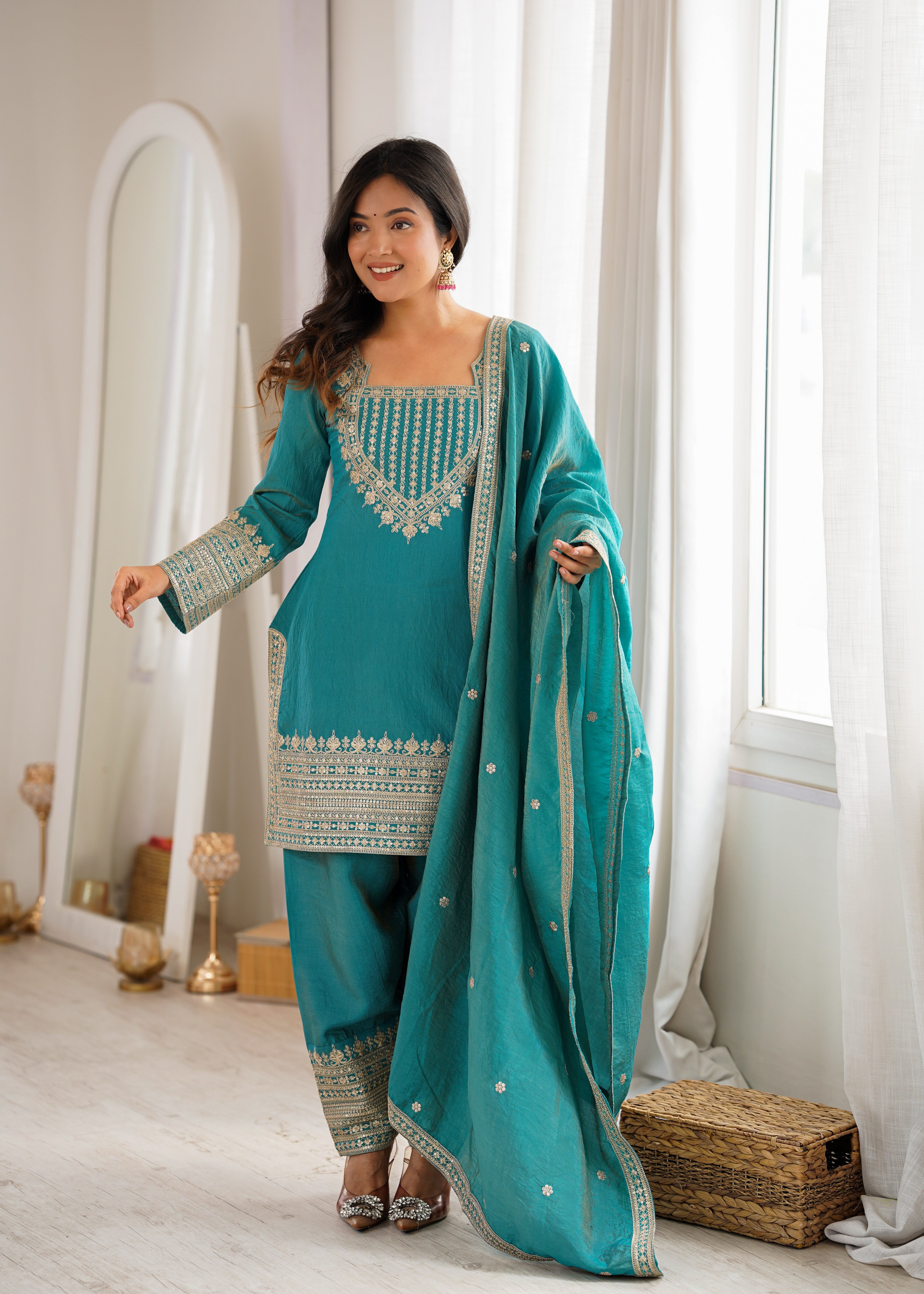 Women's Dusty SeaGreen NC Vichitra Silk Embroidered Kurta Set with Dupatta & Farshi Shalwar | Nardev Fashion