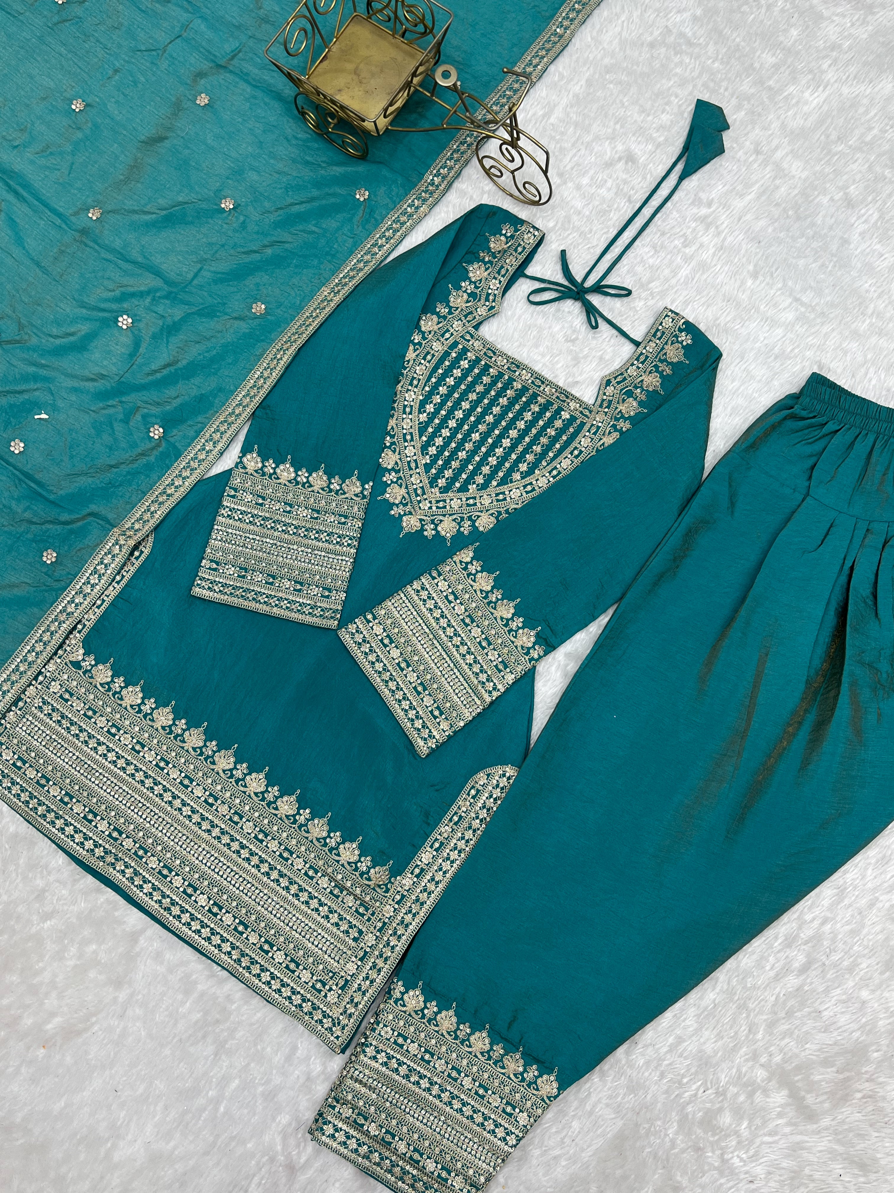 Women's Dusty SeaGreen NC Vichitra Silk Embroidered Kurta Set with Dupatta & Farshi Shalwar | Nardev Fashion