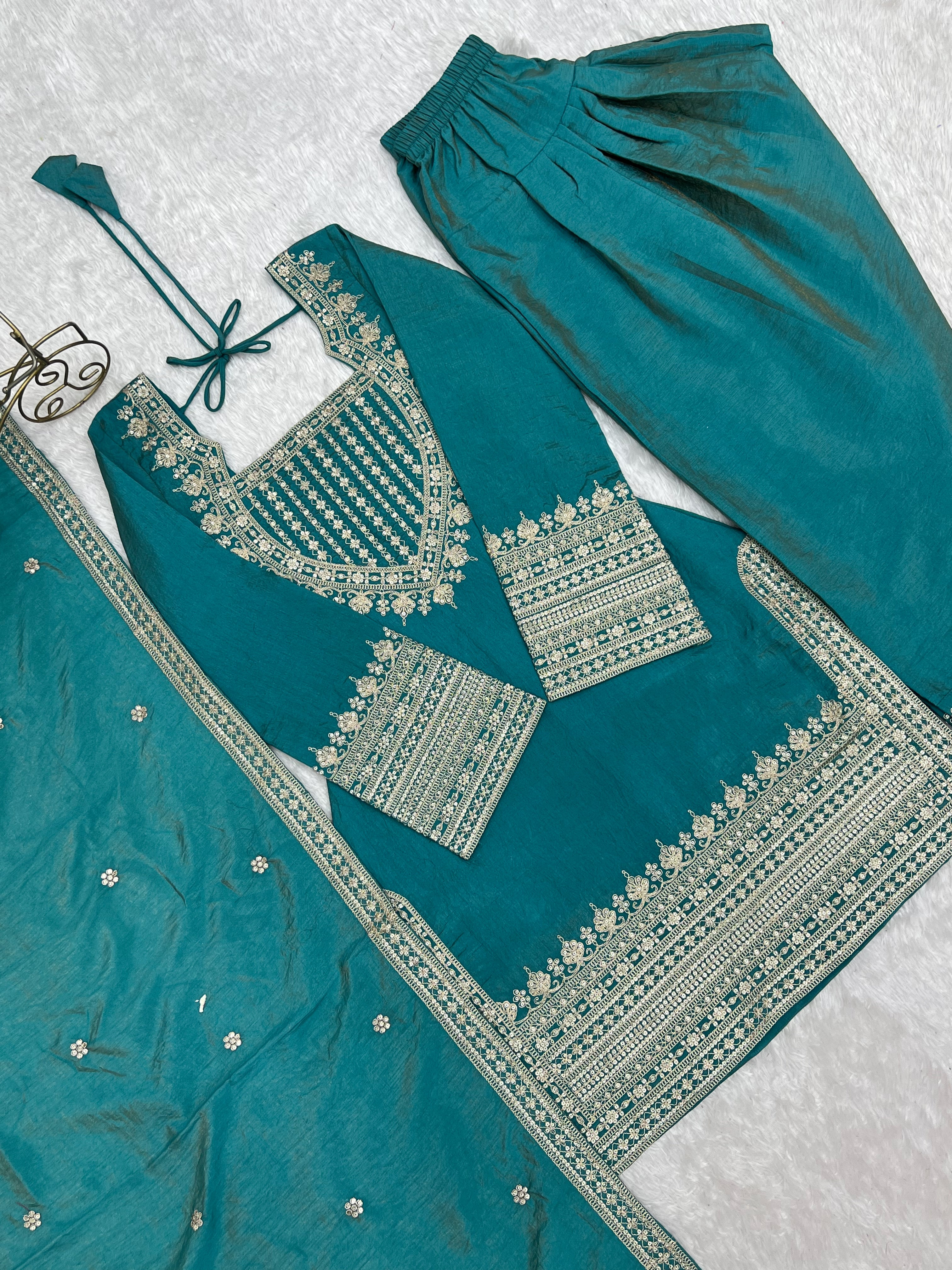Women's Dusty SeaGreen NC Vichitra Silk Embroidered Kurta Set with Dupatta & Farshi Shalwar | Nardev Fashion
