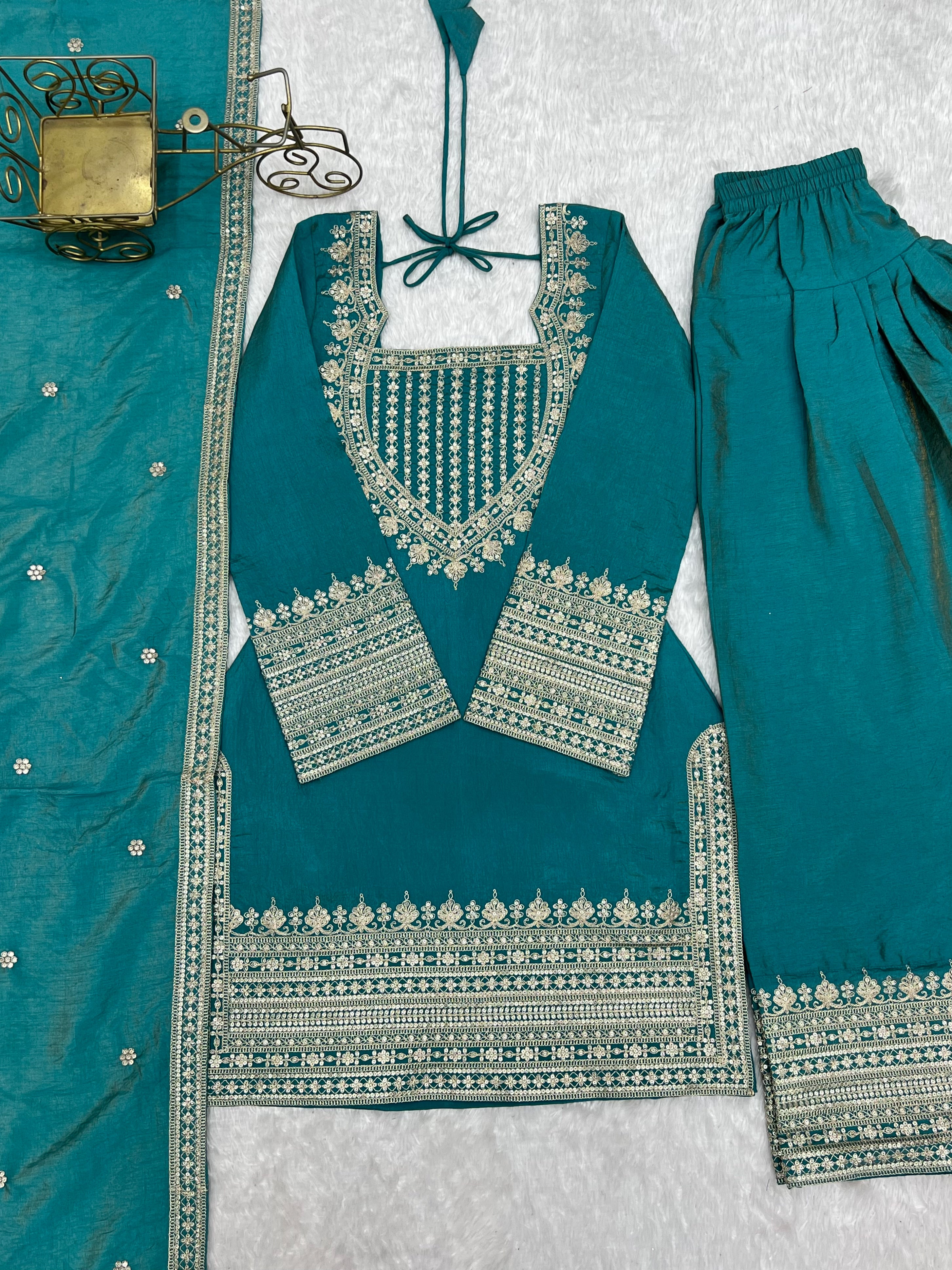 Women's Dusty SeaGreen NC Vichitra Silk Embroidered Kurta Set with Dupatta & Farshi Shalwar | Nardev Fashion