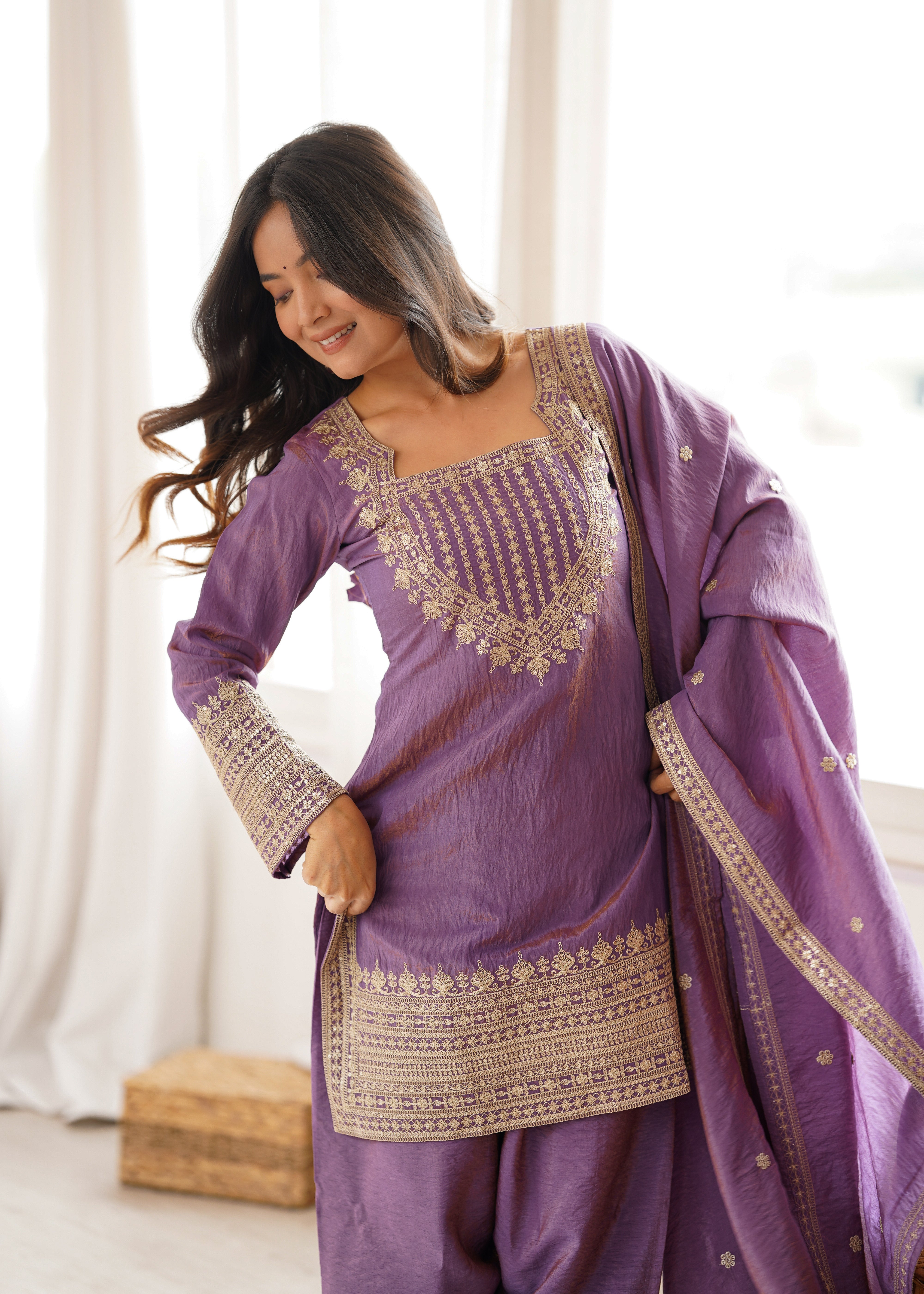 Women's Dusty Purple NC Vichitra Silk Embroidered Kurta Set with Dupatta & Farshi Shalwar | Nardev Fashion