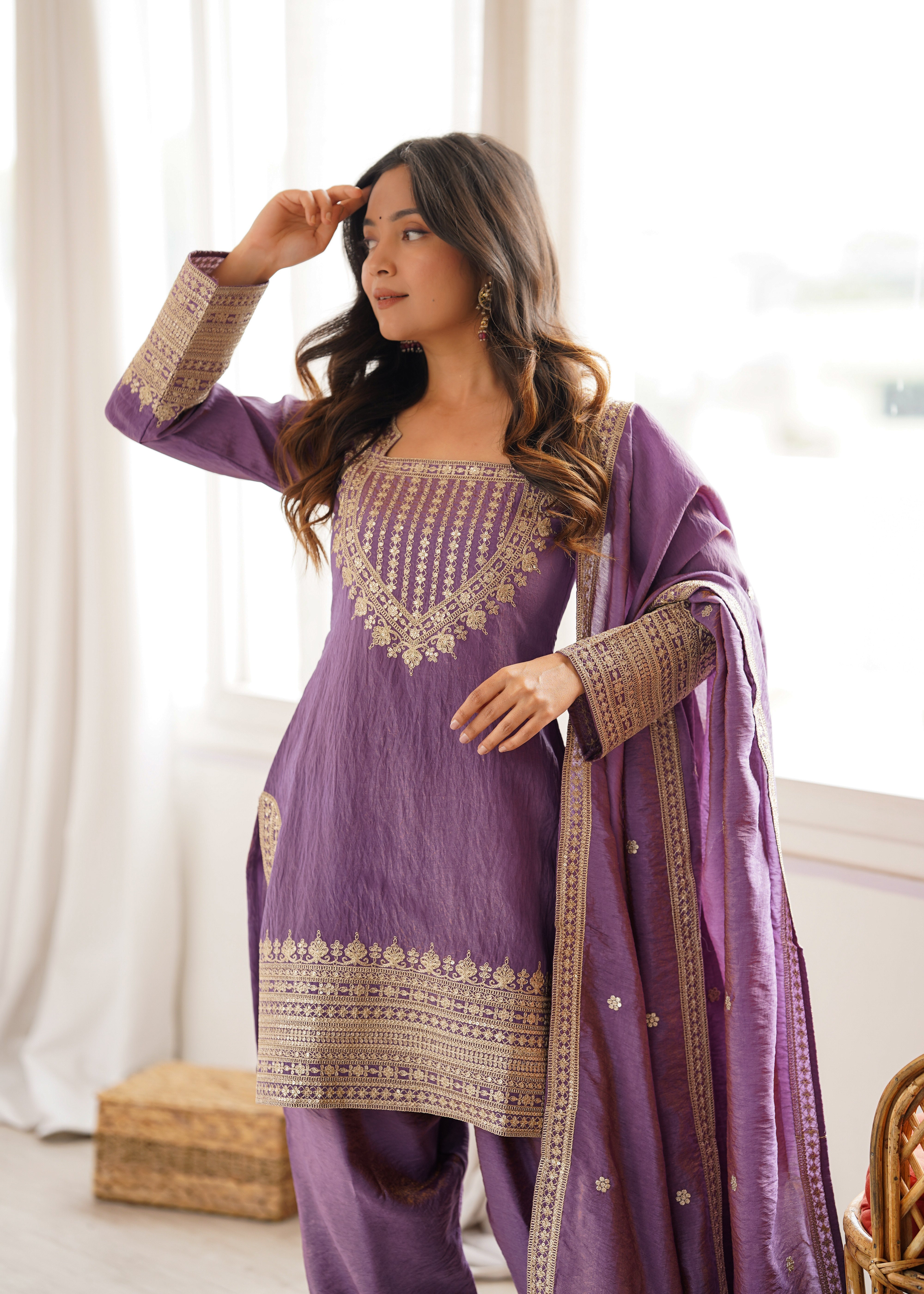 Women's Dusty Purple NC Vichitra Silk Embroidered Kurta Set with Dupatta & Farshi Shalwar | Nardev Fashion
