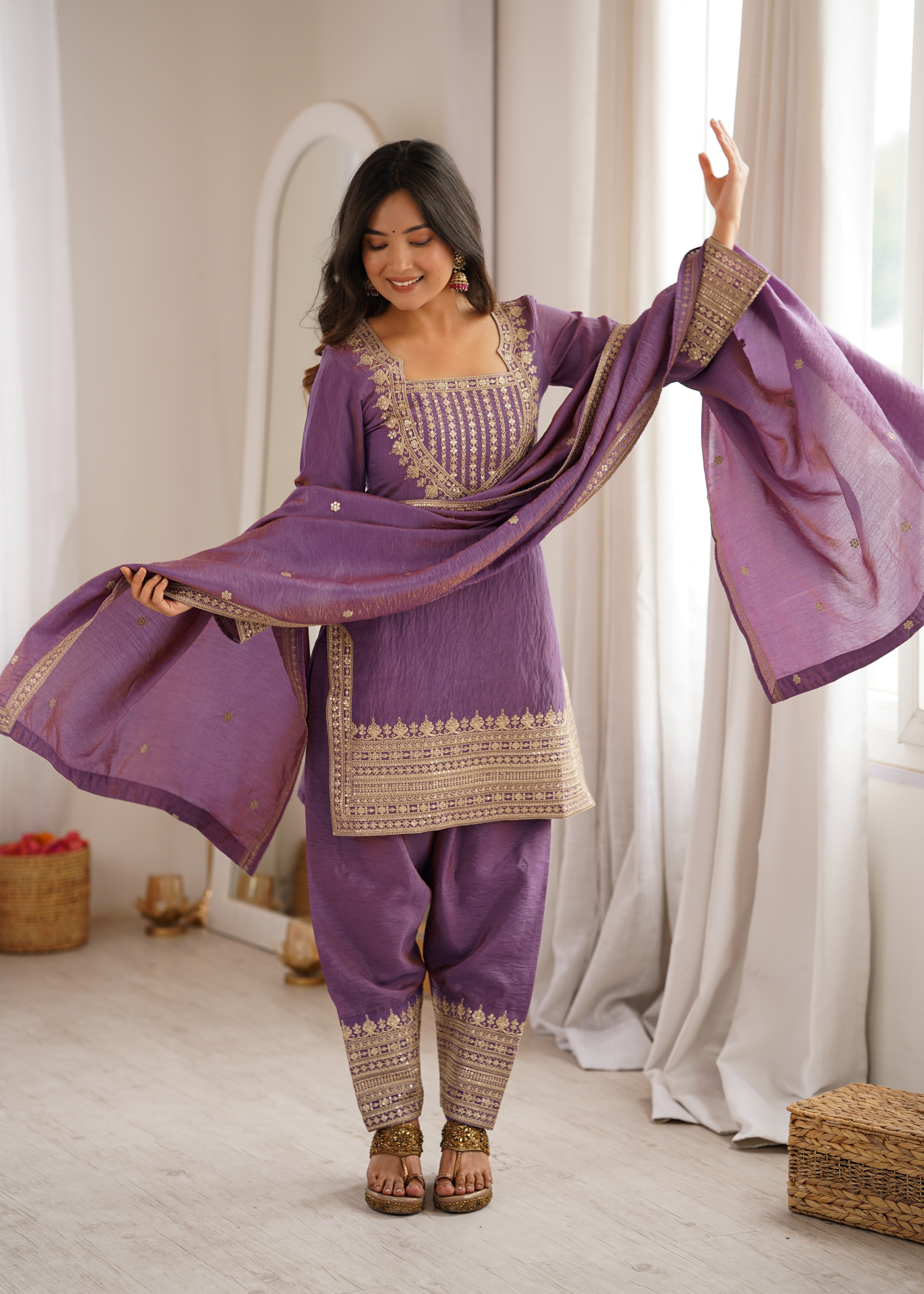 Women's Dusty Purple NC Vichitra Silk Embroidered Kurta Set with Dupatta & Farshi Shalwar | Nardev Fashion