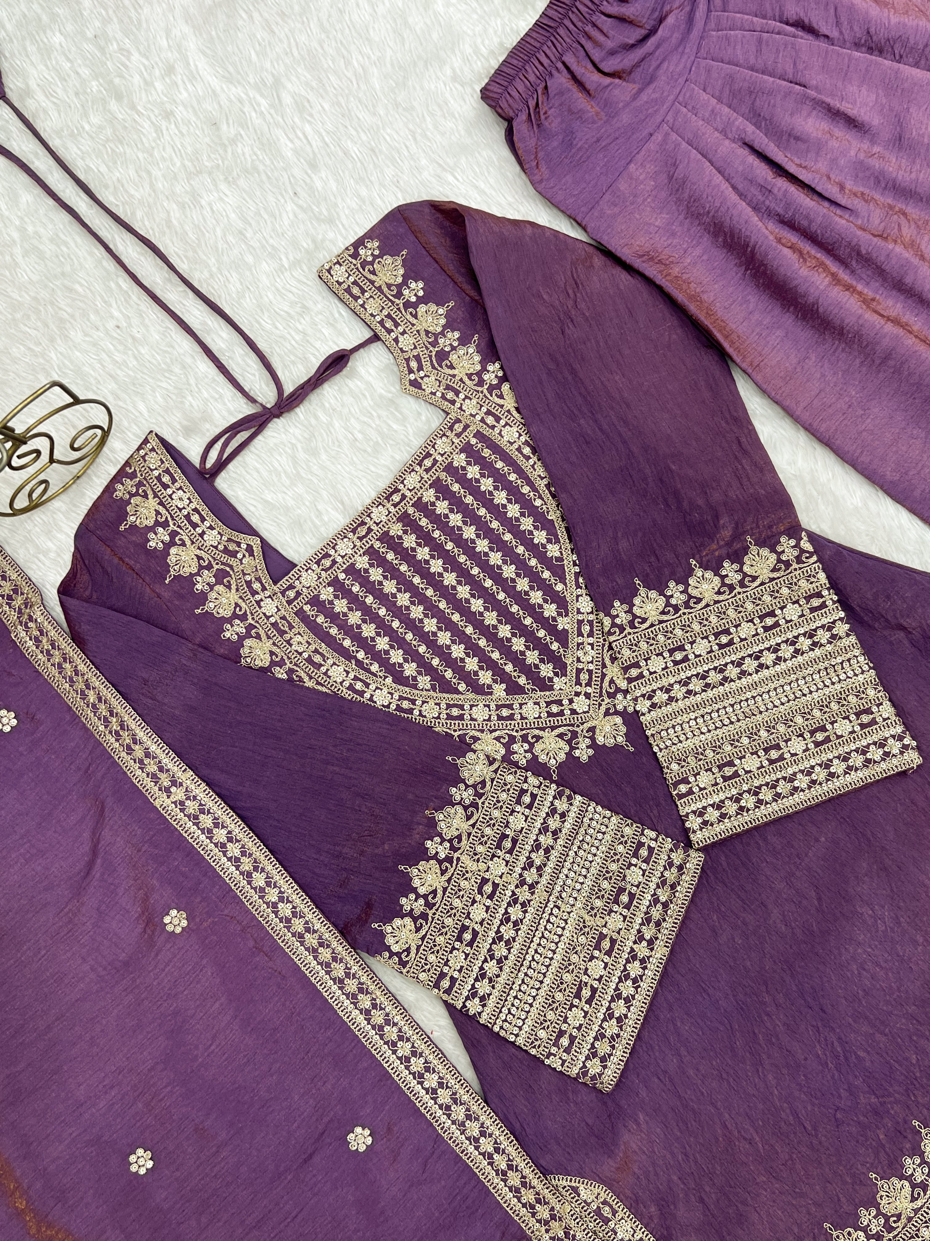 Women's Dusty Purple NC Vichitra Silk Embroidered Kurta Set with Dupatta & Farshi Shalwar | Nardev Fashion