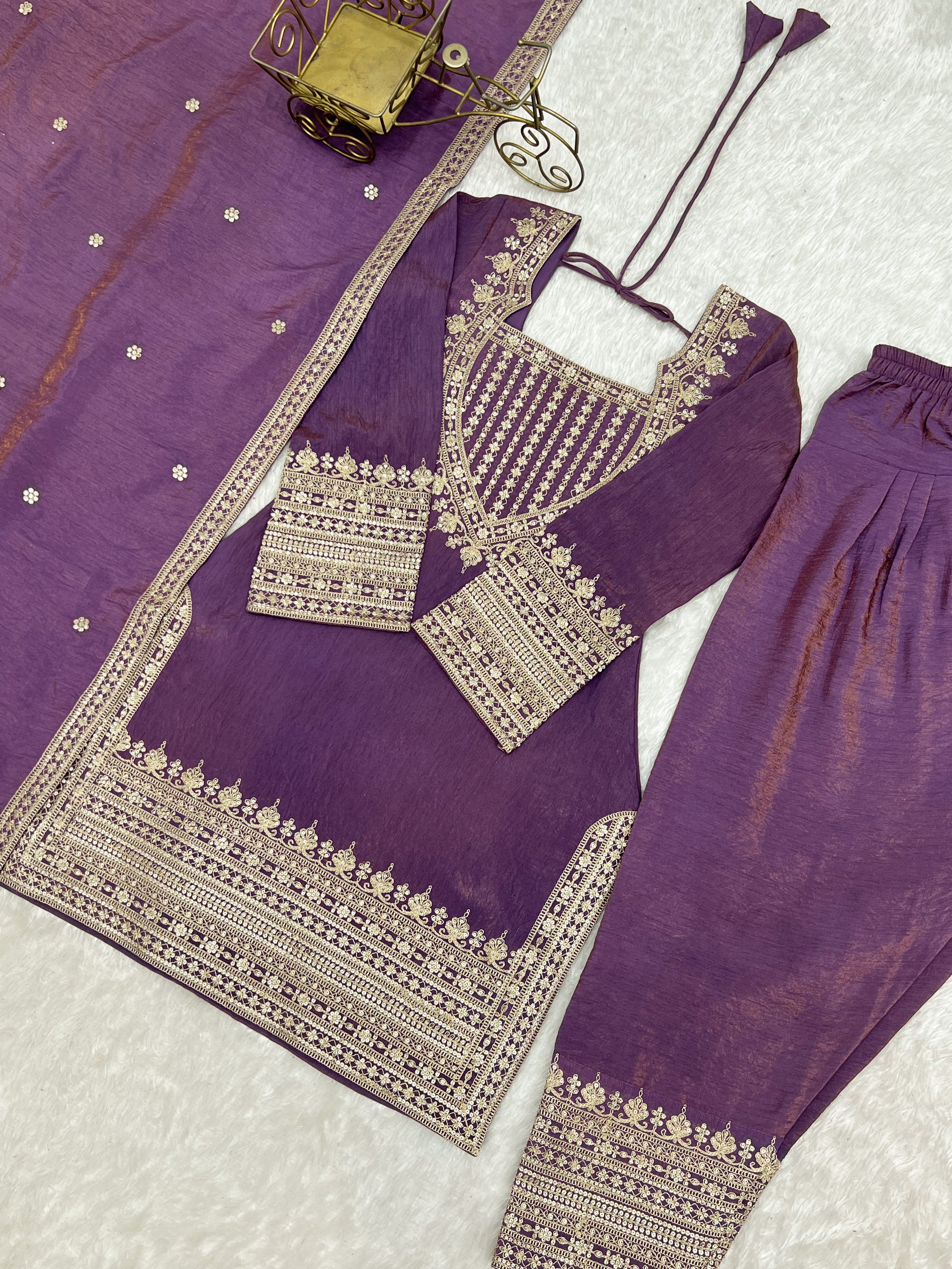 Women's Dusty Purple NC Vichitra Silk Embroidered Kurta Set with Dupatta & Farshi Shalwar | Nardev Fashion