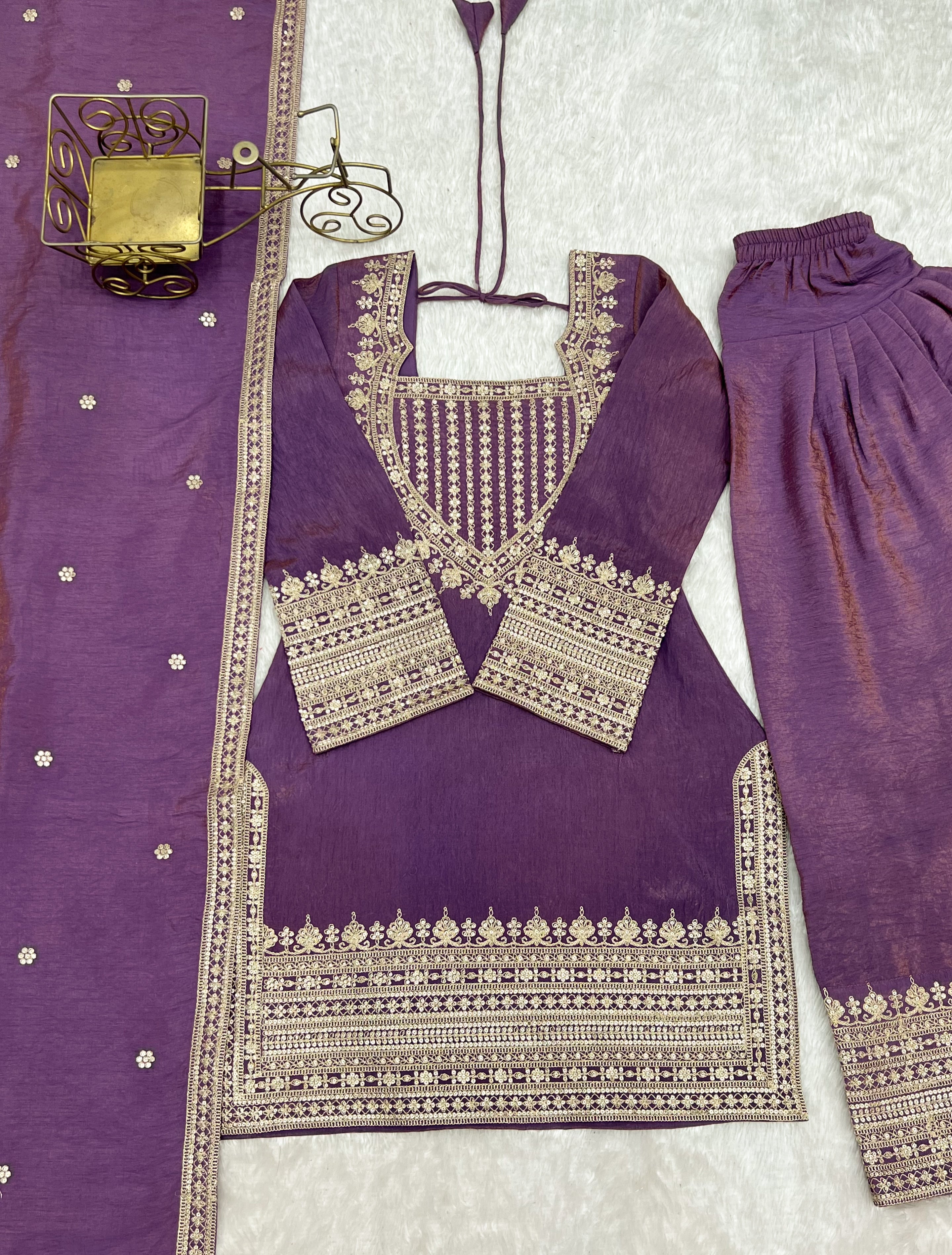 Women's Dusty Purple NC Vichitra Silk Embroidered Kurta Set with Dupatta & Farshi Shalwar | Nardev Fashion