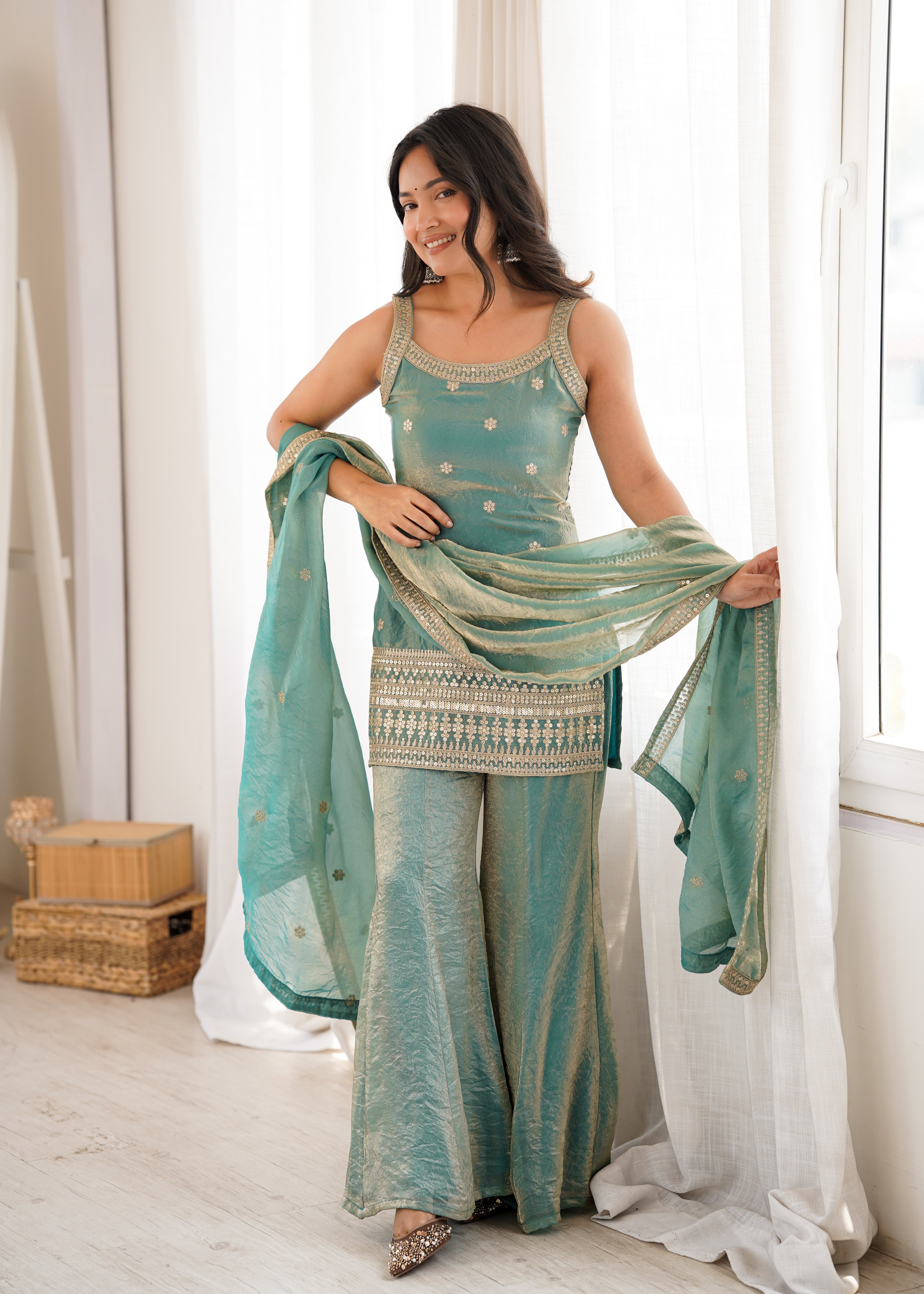 Women’s Seagreen Frendy Silk Embroidered Kurta Set with Dupatta & Bell Bottom Pant | Nardev Fashion