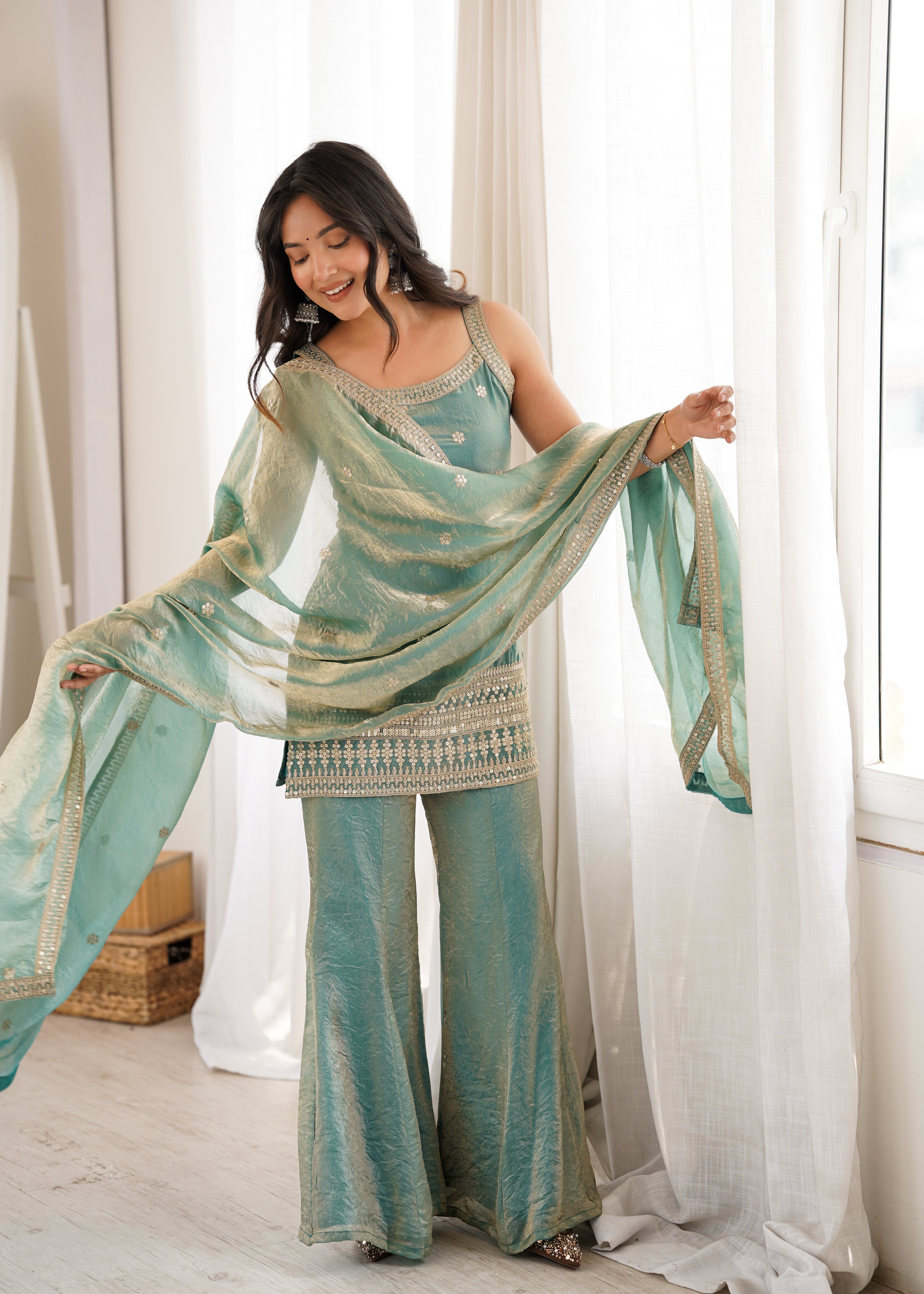 Women’s Seagreen Frendy Silk Embroidered Kurta Set with Dupatta & Bell Bottom Pant | Nardev Fashion