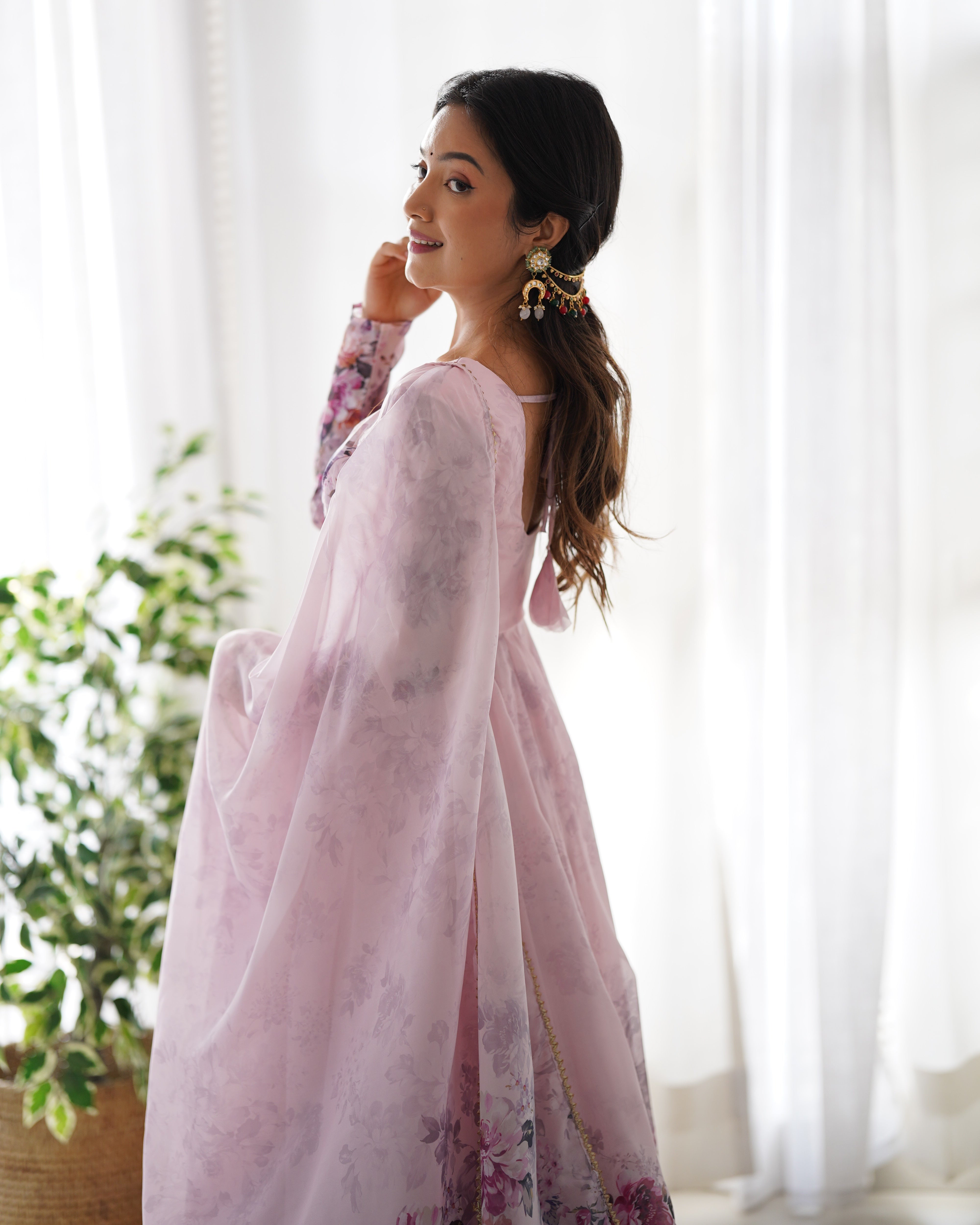 Dusty Pink Organza Silk Floral Printed Anarkali Suit Set with Gota Patti Dupatta
