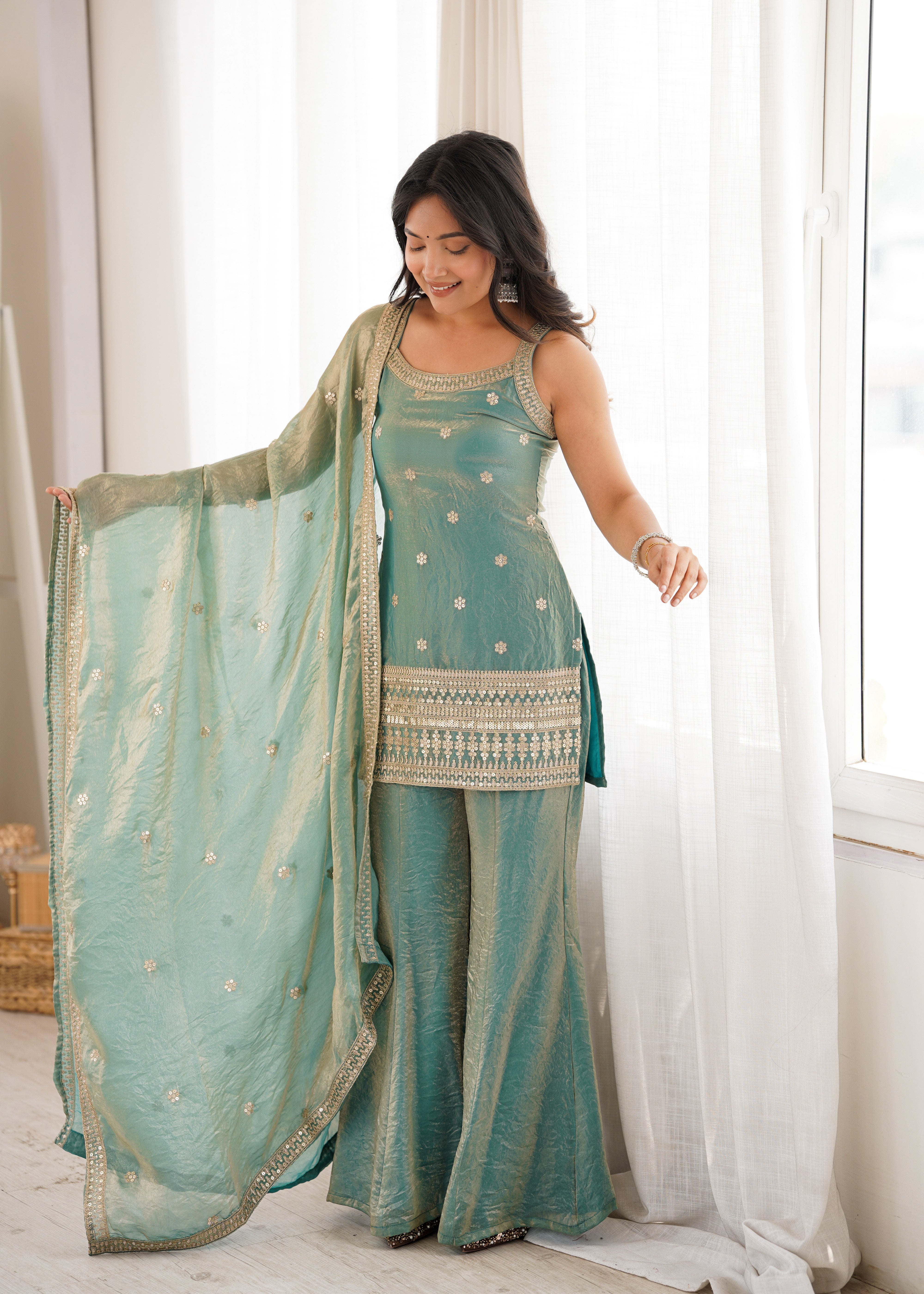 Women’s Seagreen Frendy Silk Embroidered Kurta Set with Dupatta & Bell Bottom Pant | Nardev Fashion