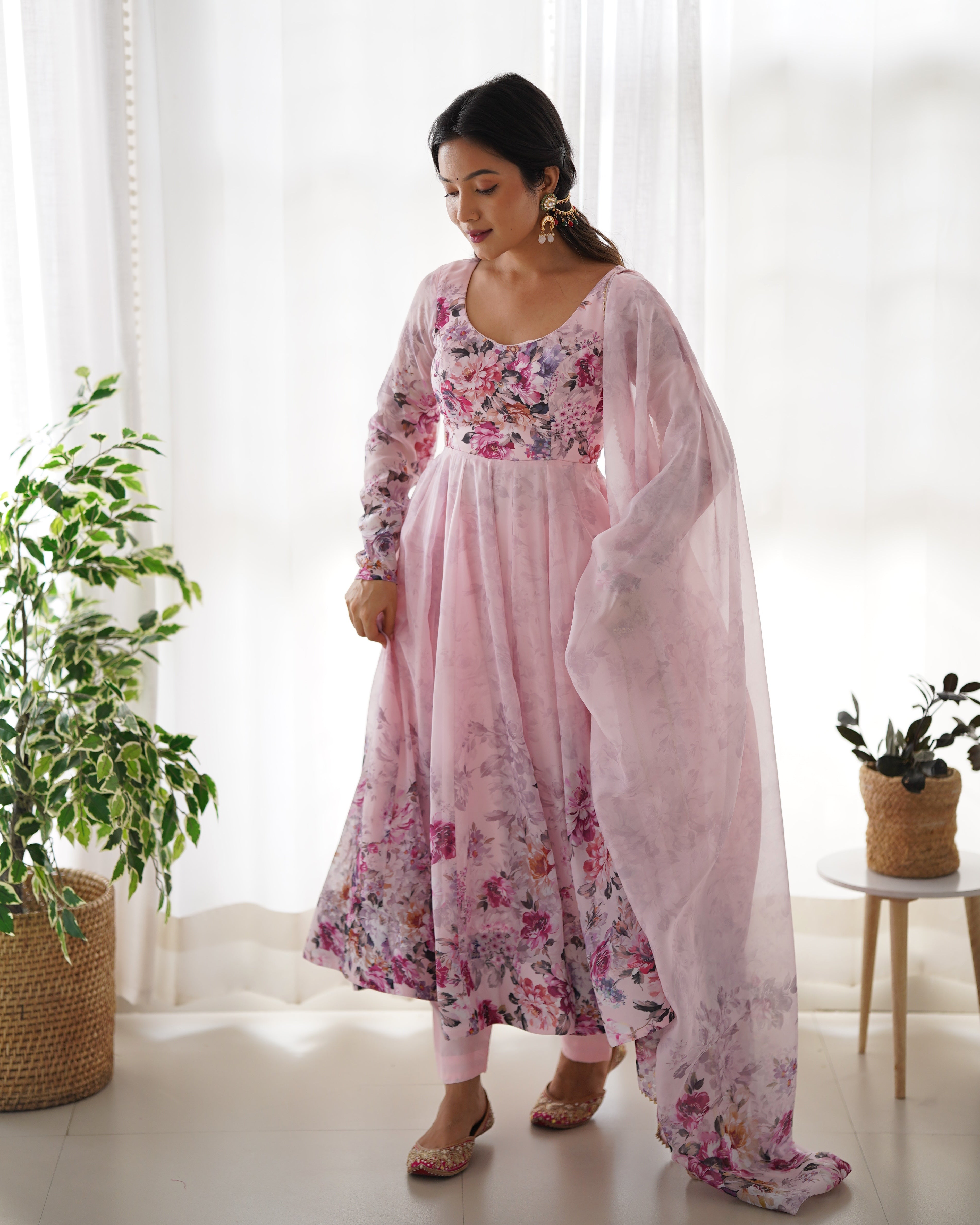 Dusty Pink Organza Silk Floral Printed Anarkali Suit Set with Gota Patti Dupatta